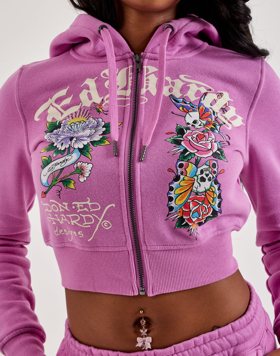 Ed Hardy ピンク パーカー M Ed Hardy Tiger Crown Pink Crop Zip Hoodie at Hamilton Place