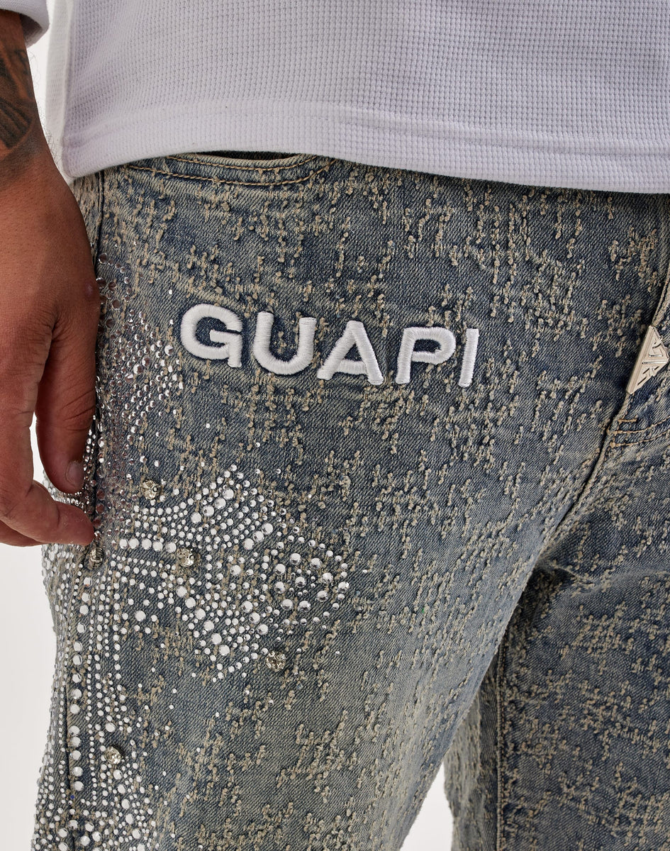 Guapi Stacked Distressed Cross Rhinestone Denim Jeans – DTLR