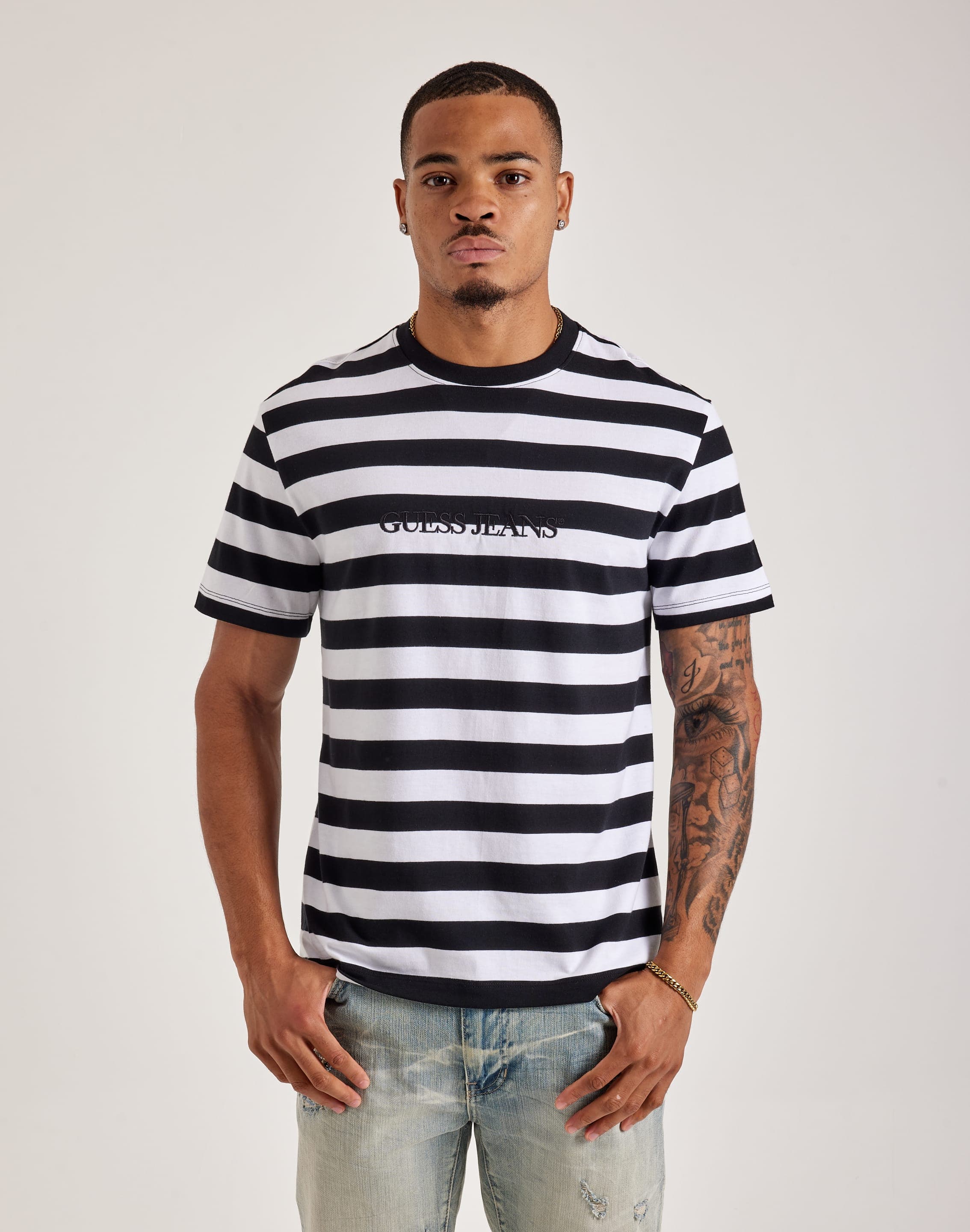 guess t shirt dress striped GUESS Originals jersey t-shirt dress in off white/navy