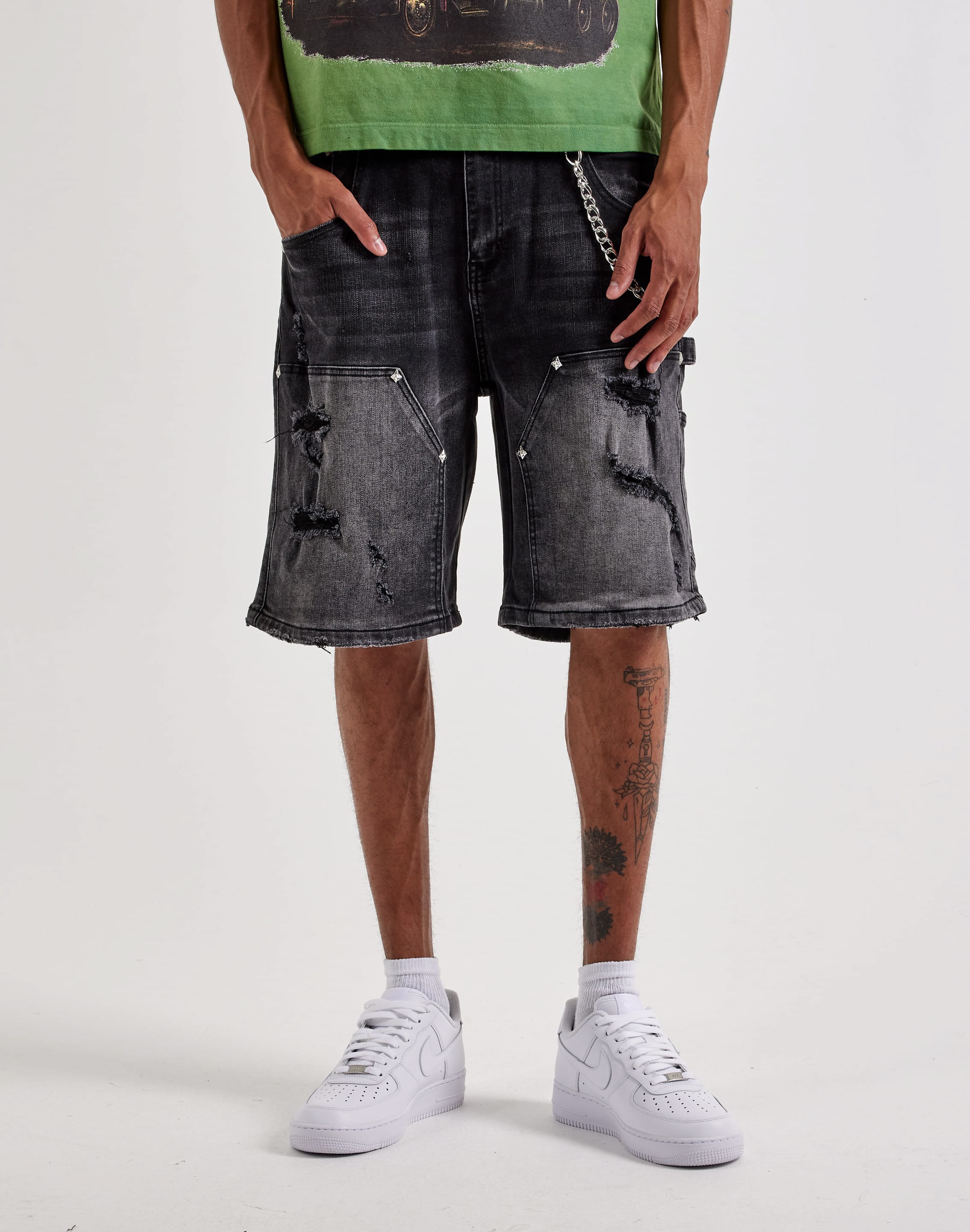 Photo of Kilogram Distressed Double-Knee Rivet Denim Shorts
