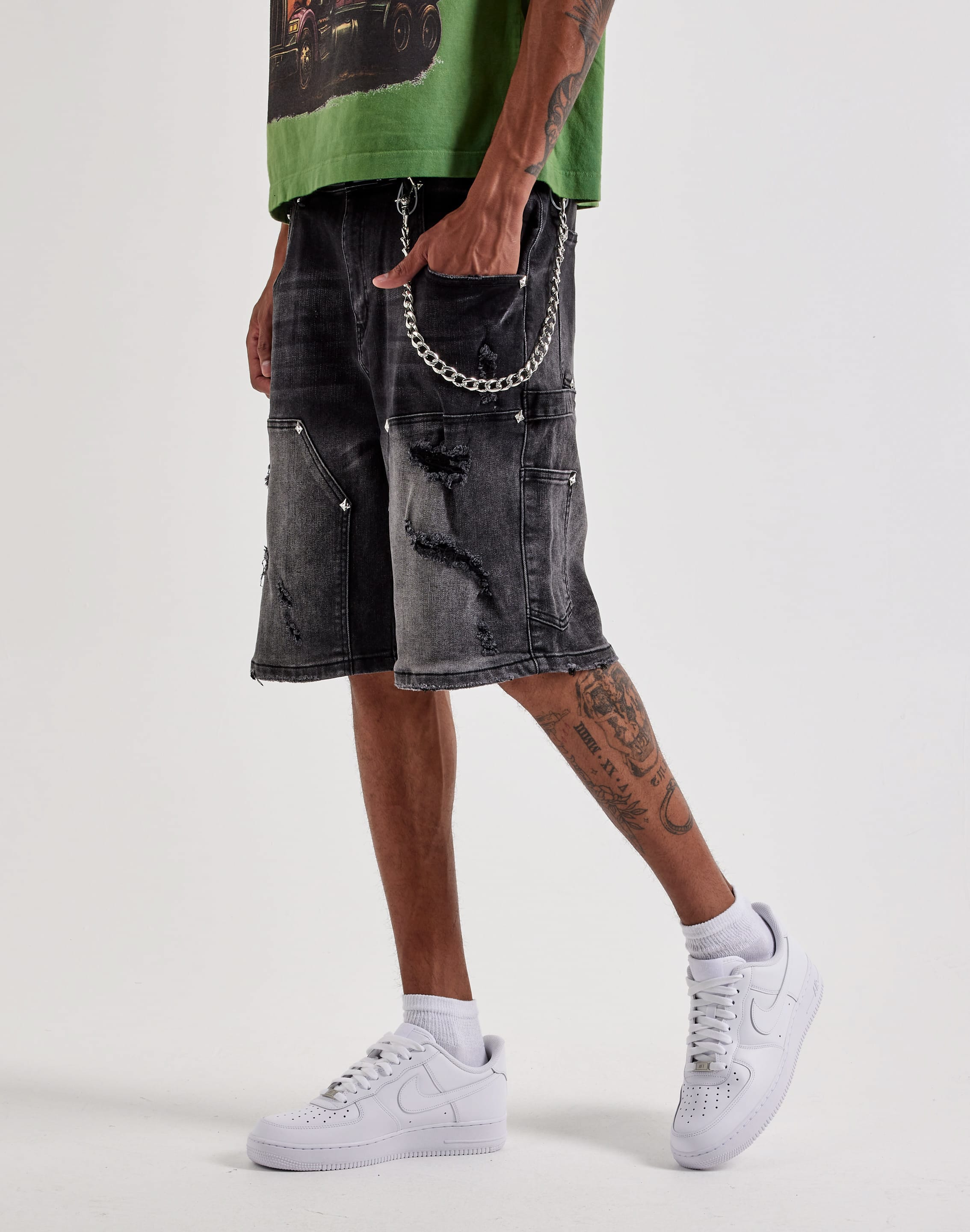 Photo of Kilogram Distressed Double-Knee Rivet Denim Shorts