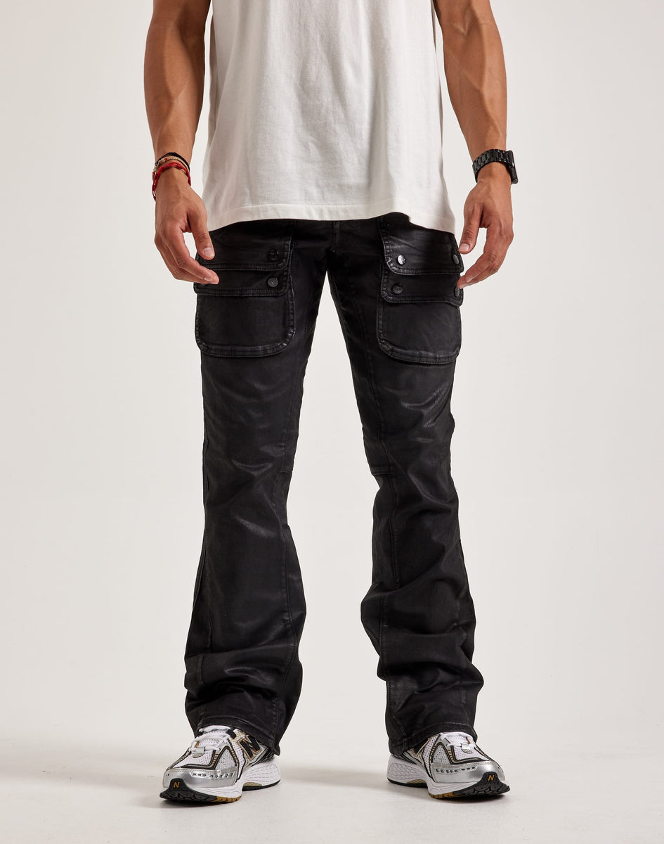 【極美品】LLERU BLACK WAX CARGO DENIM Vicious - STACKED WAX COATED MULTI CARGO DENIM Black- VC624