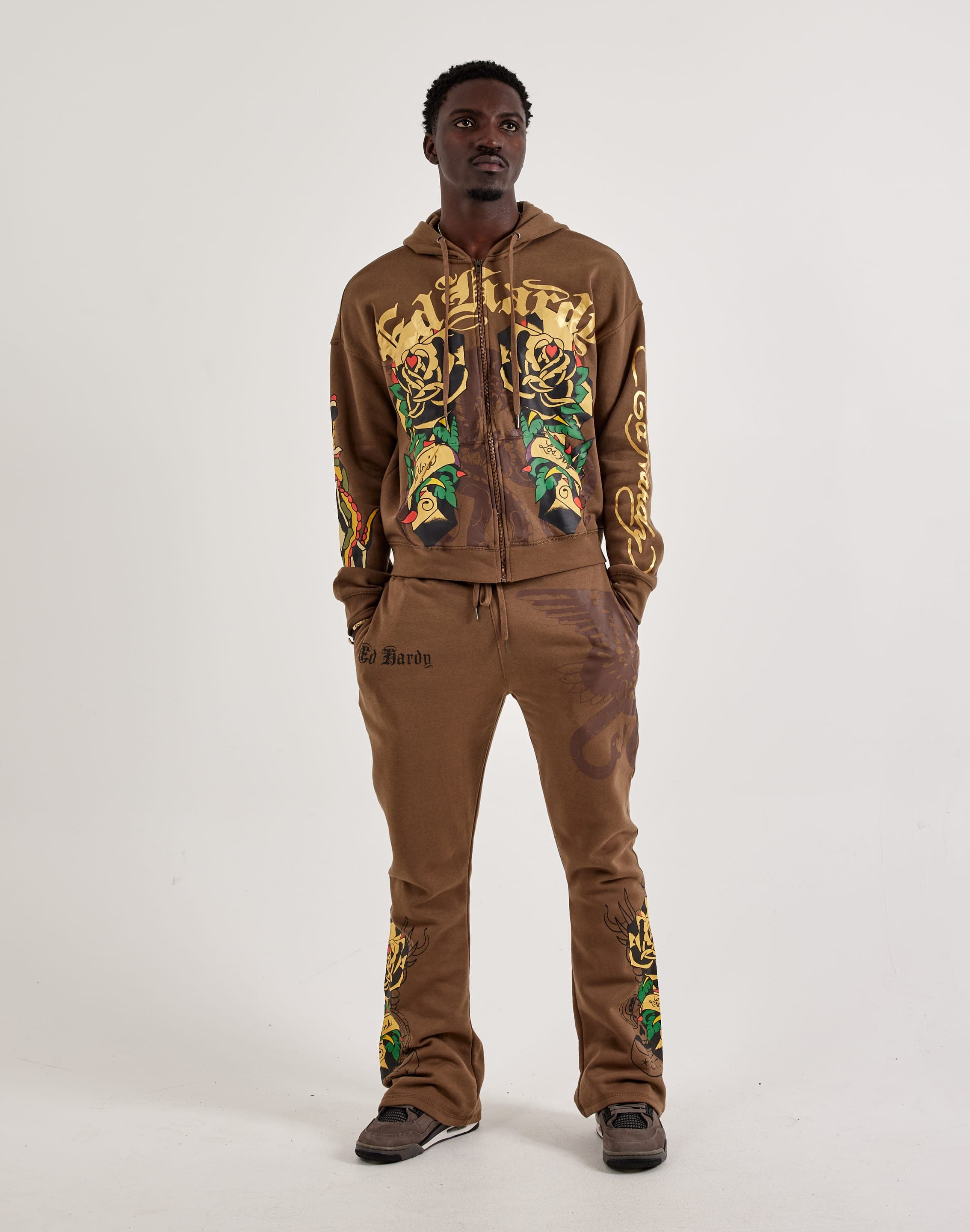 Ed Hardy Men's Cross Full-ZIp Fleece Jacket, Brown, Size: XXL, Fleece/Polyester/Cotton