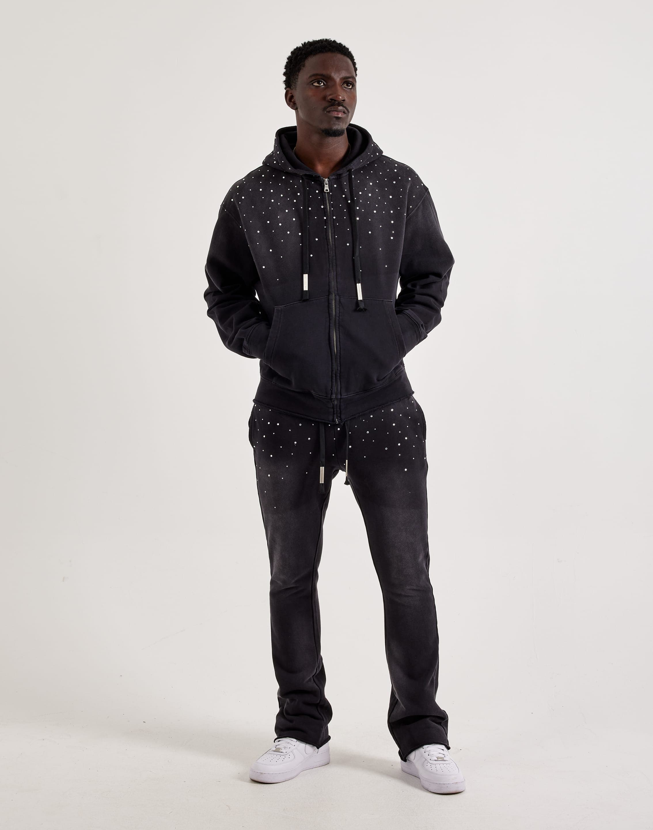 First Row Rhinestone Stacked Fleece Joggers