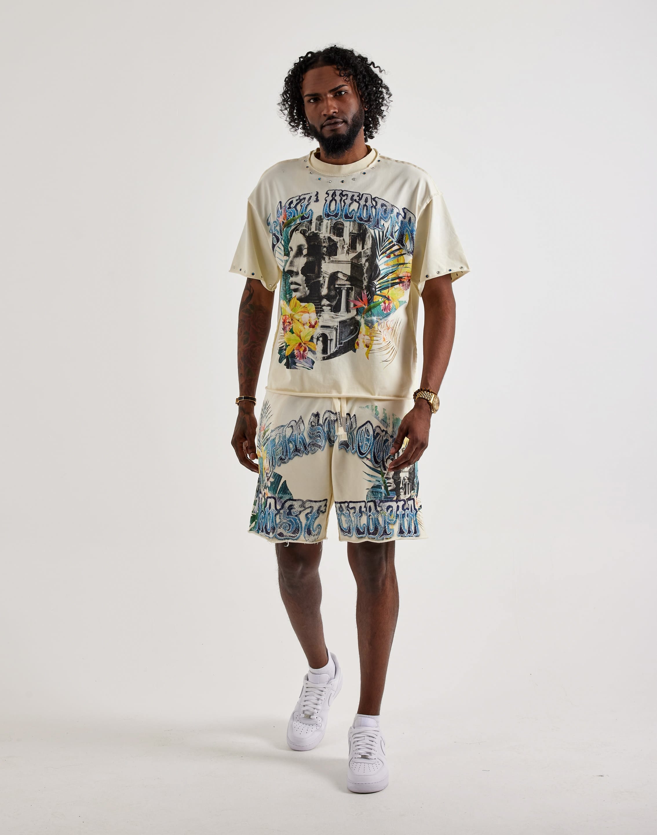 Photo of First Row Lost Utopia Rhinestone Fleece Shorts