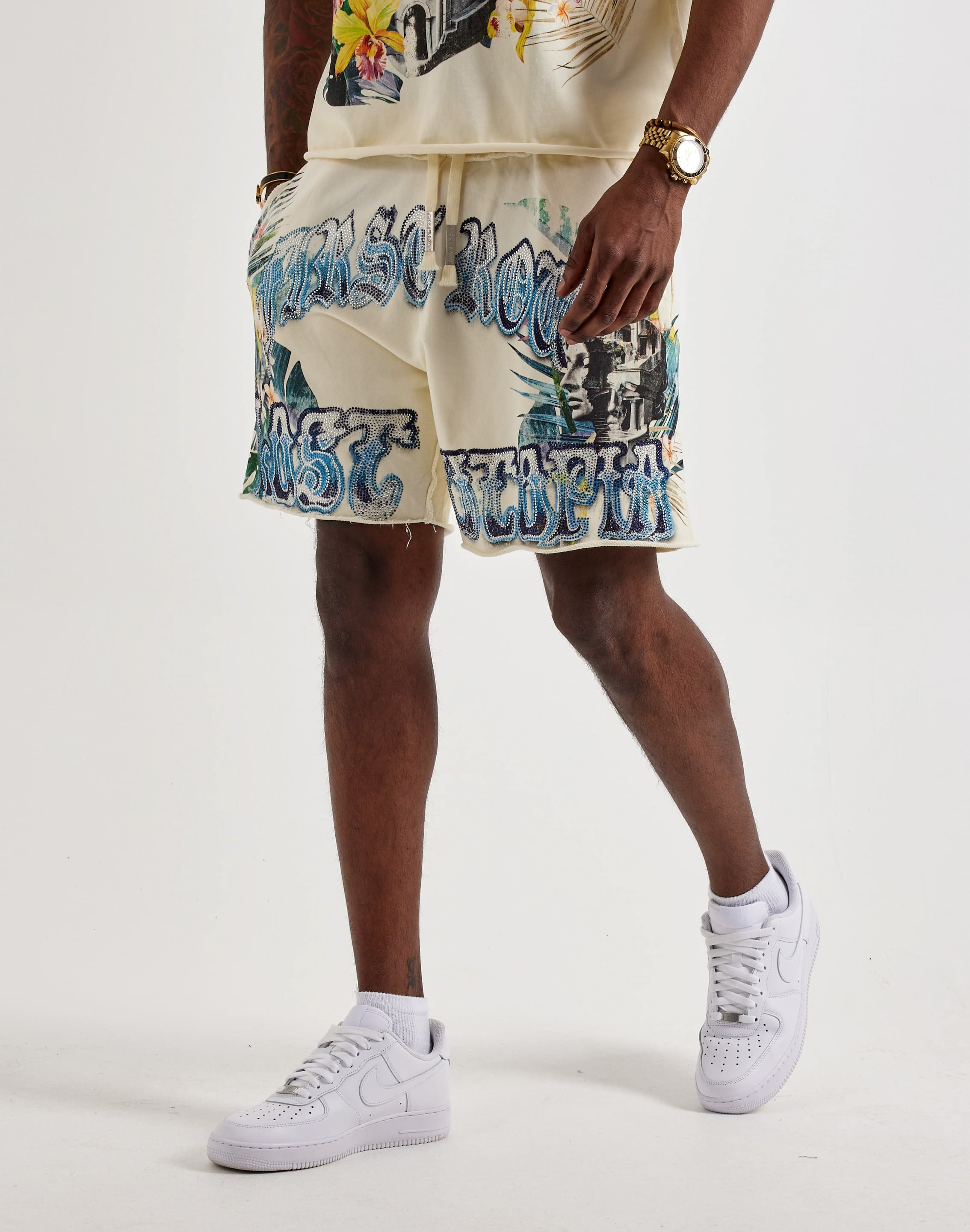 Photo of First Row Lost Utopia Rhinestone Fleece Shorts