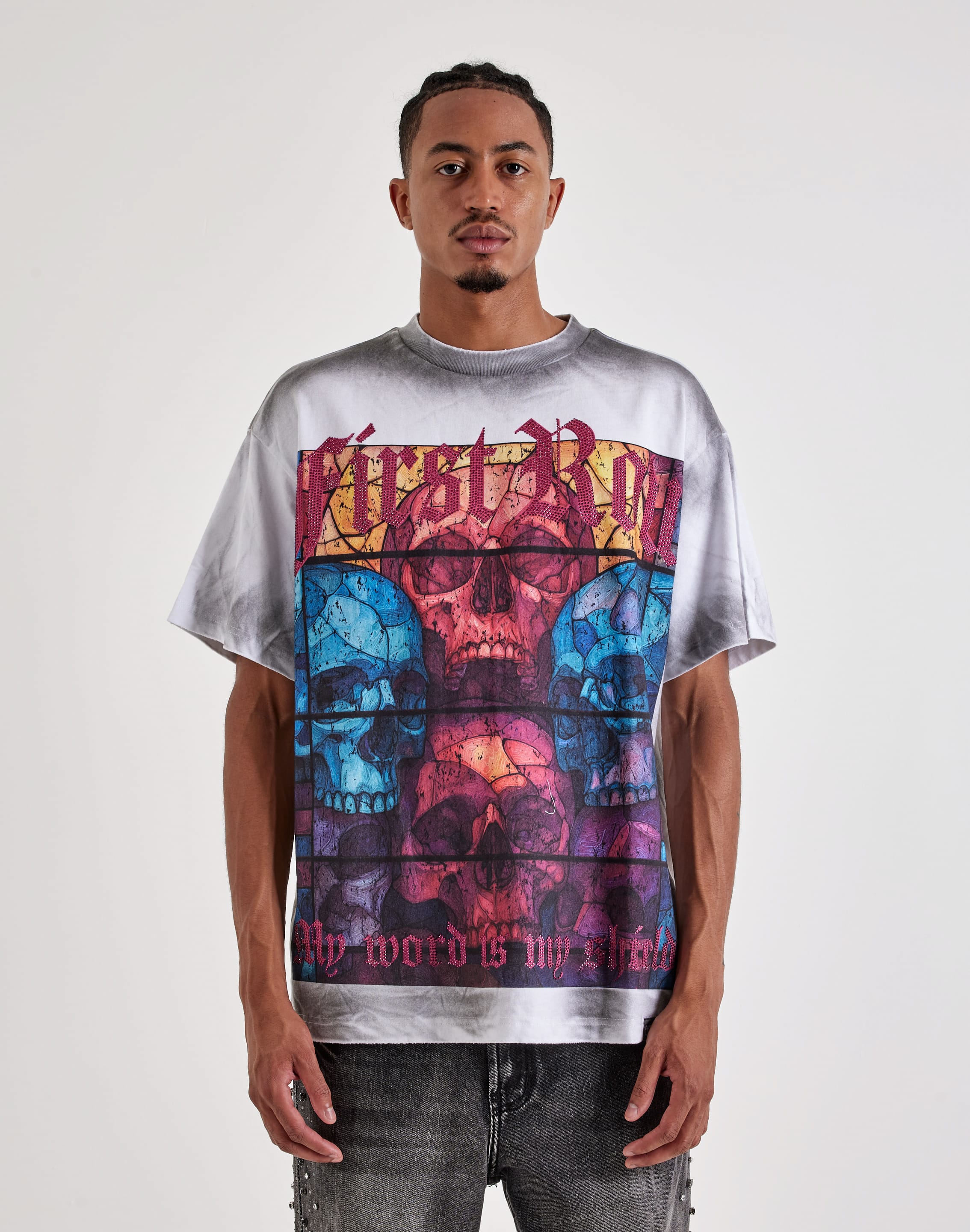 Photo of First Row Stained Glass Skull Rhinestone Tee