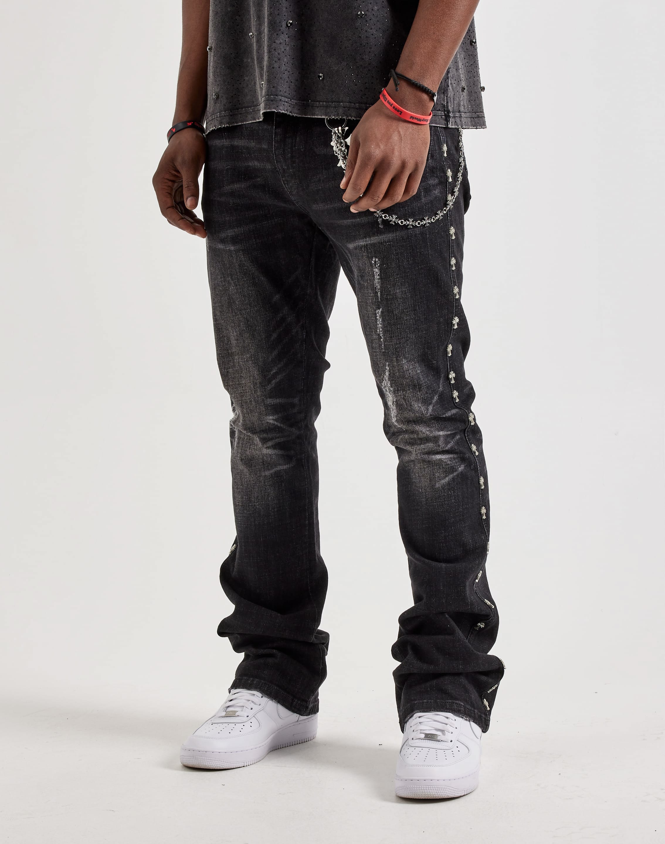 Photo of Kilogram Silver Cross Chain Rivet Stacked Denim Jeans