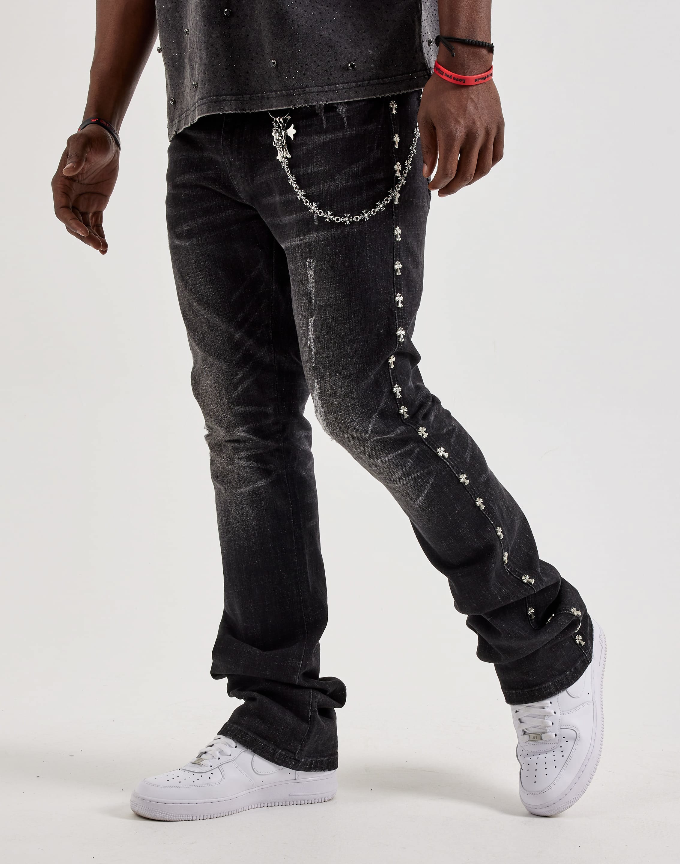 Photo of Kilogram Silver Cross Chain Rivet Stacked Denim Jeans