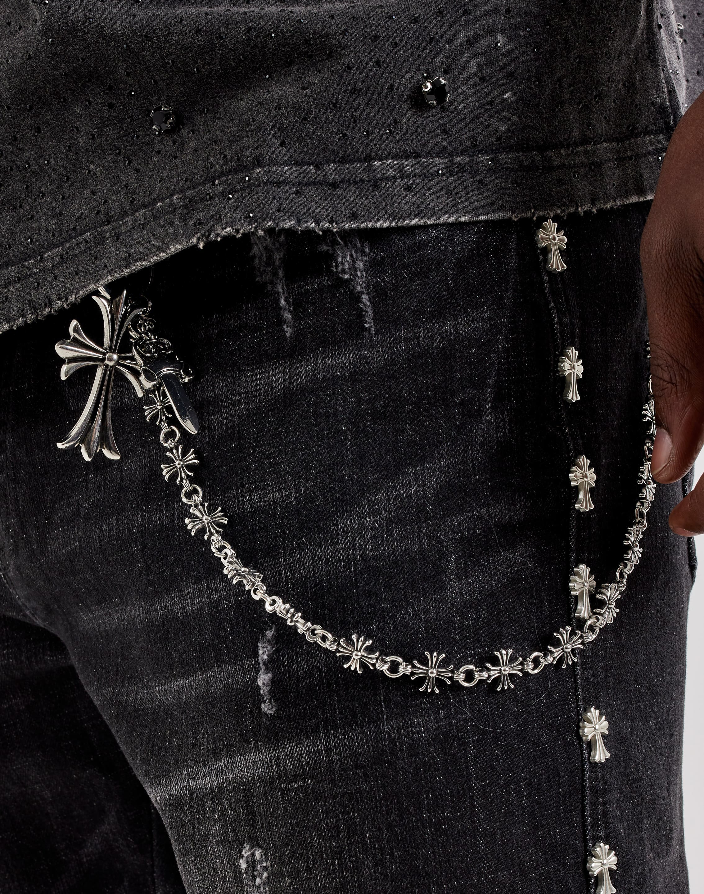 Photo of Kilogram Silver Cross Chain Rivet Stacked Denim Jeans