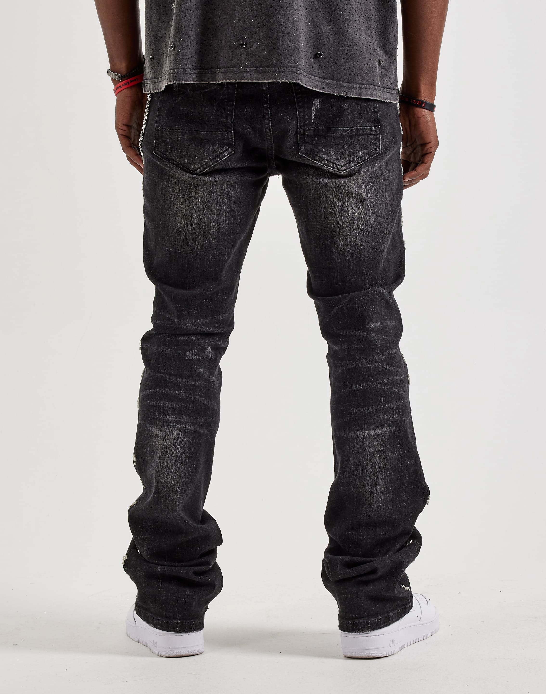 Photo of Kilogram Silver Cross Chain Rivet Stacked Denim Jeans