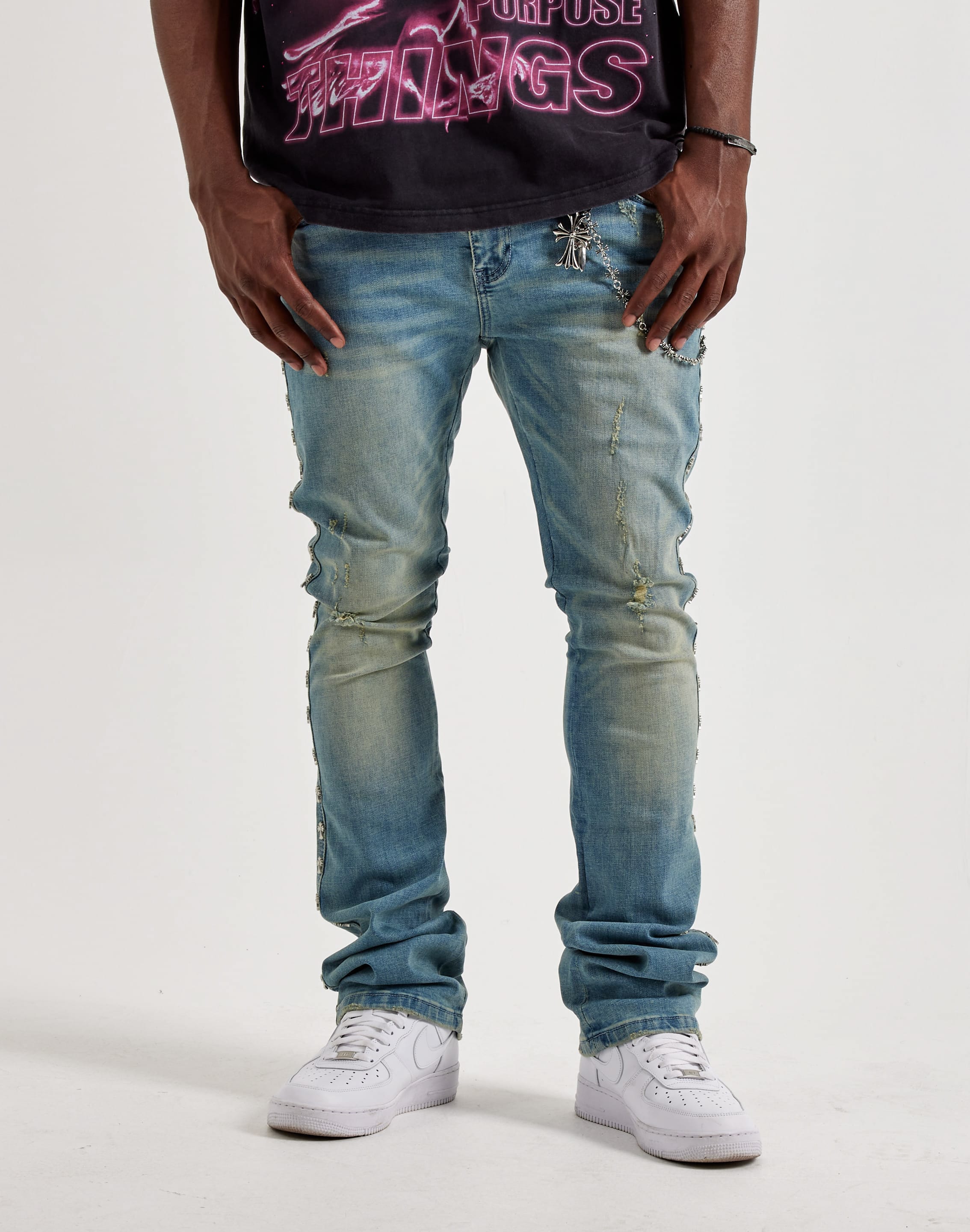 Photo of Kilogram Silver Cross Chain Rivet Distressed Slim Denim Jeans