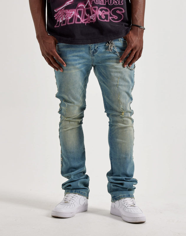 Kilogram Silver Cross Chain Rivet Distressed Slim Denim Jeans – DTLR