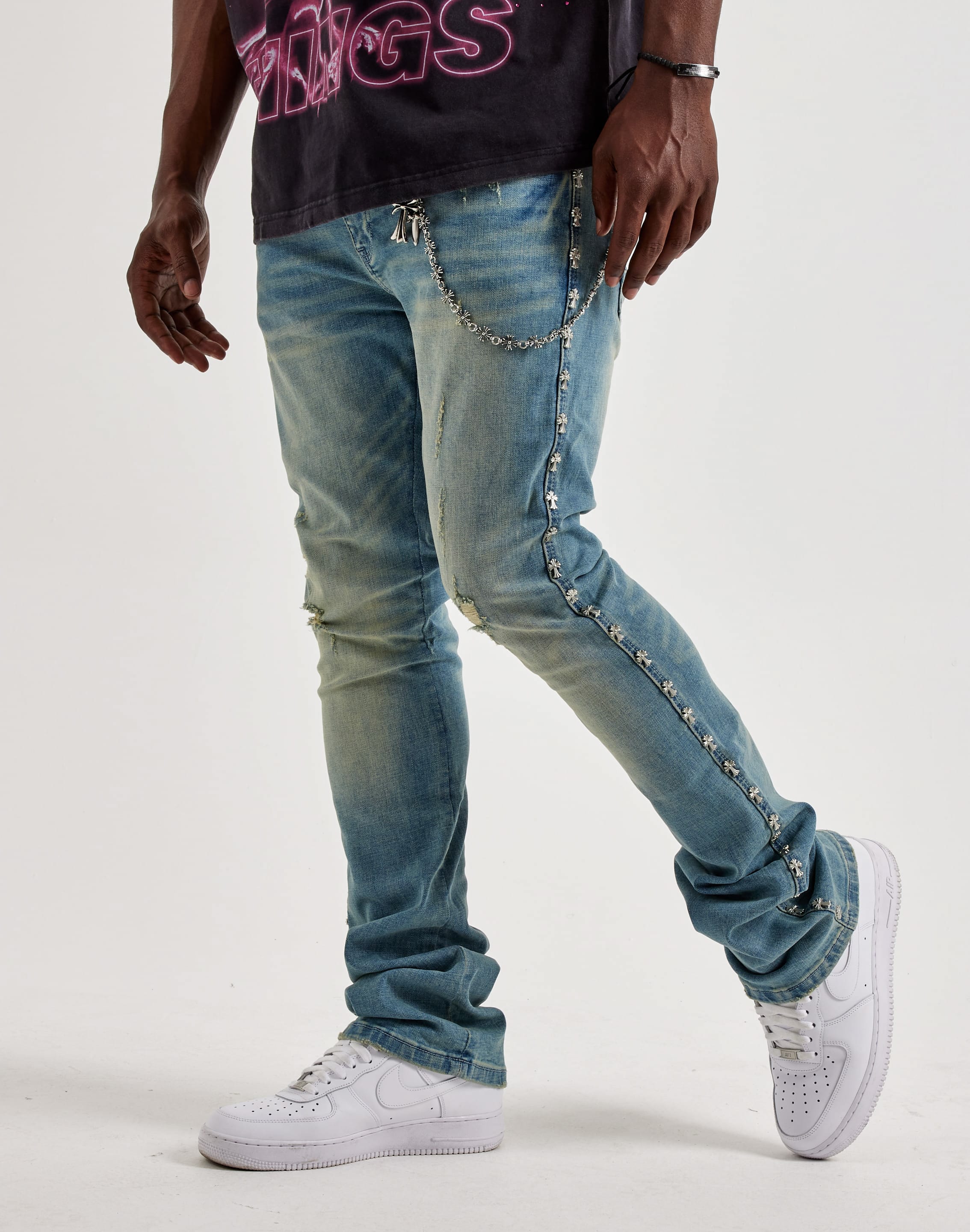 Photo of Kilogram Silver Cross Chain Rivet Distressed Slim Denim Jeans