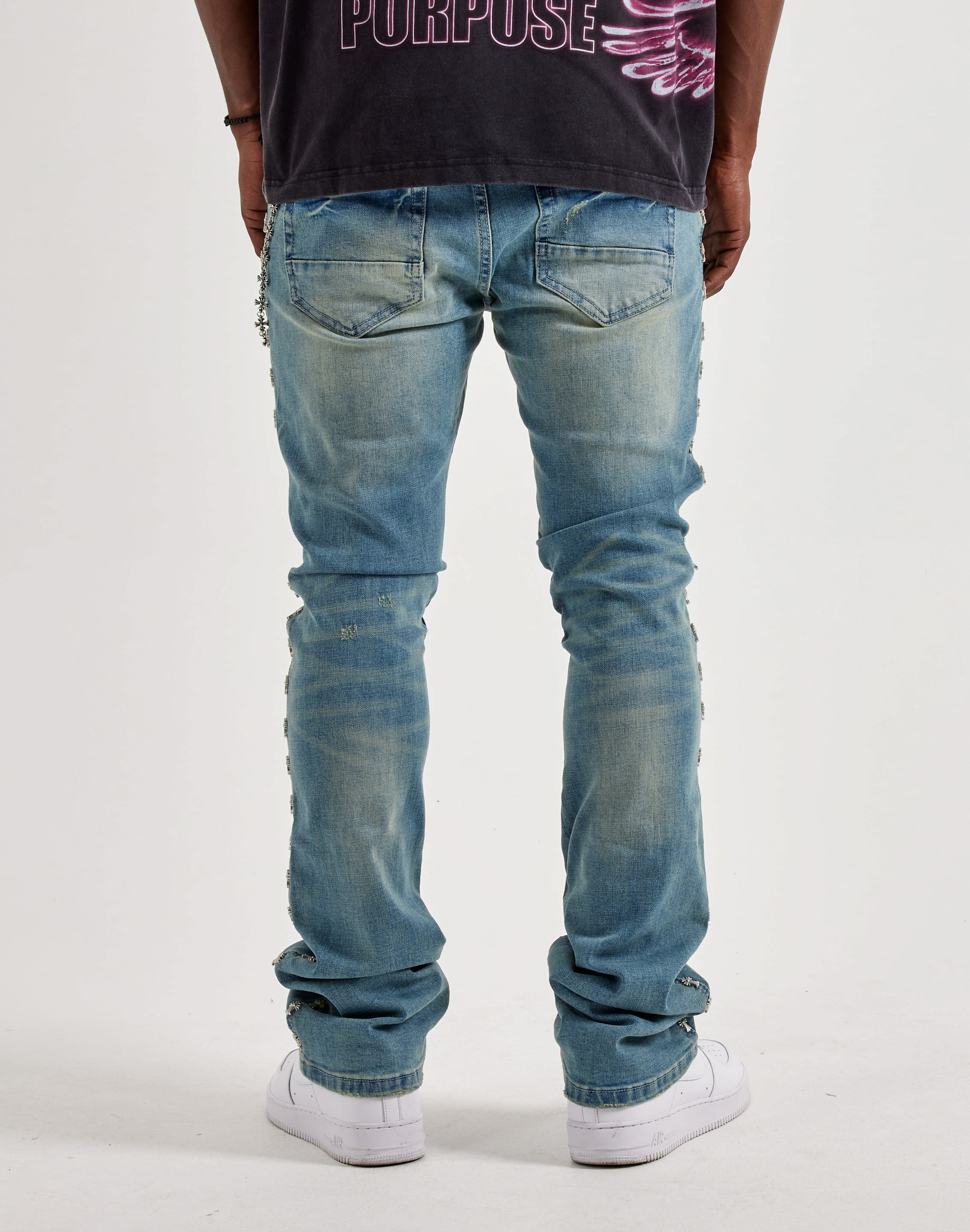 Photo of Kilogram Silver Cross Chain Rivet Distressed Slim Denim Jeans