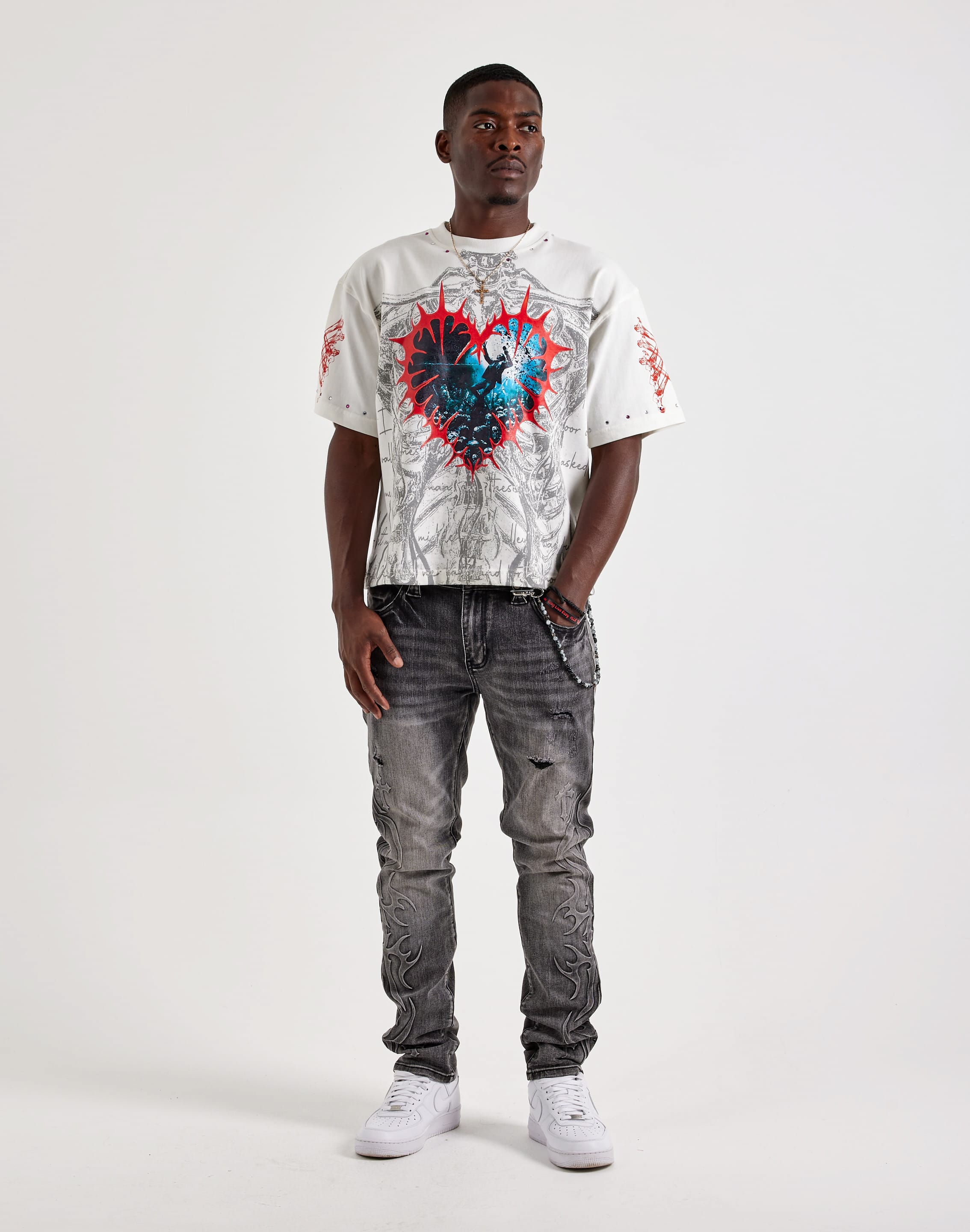 Photo of Kilogram Embossed Keychain Distressed Slim Denim Jeans