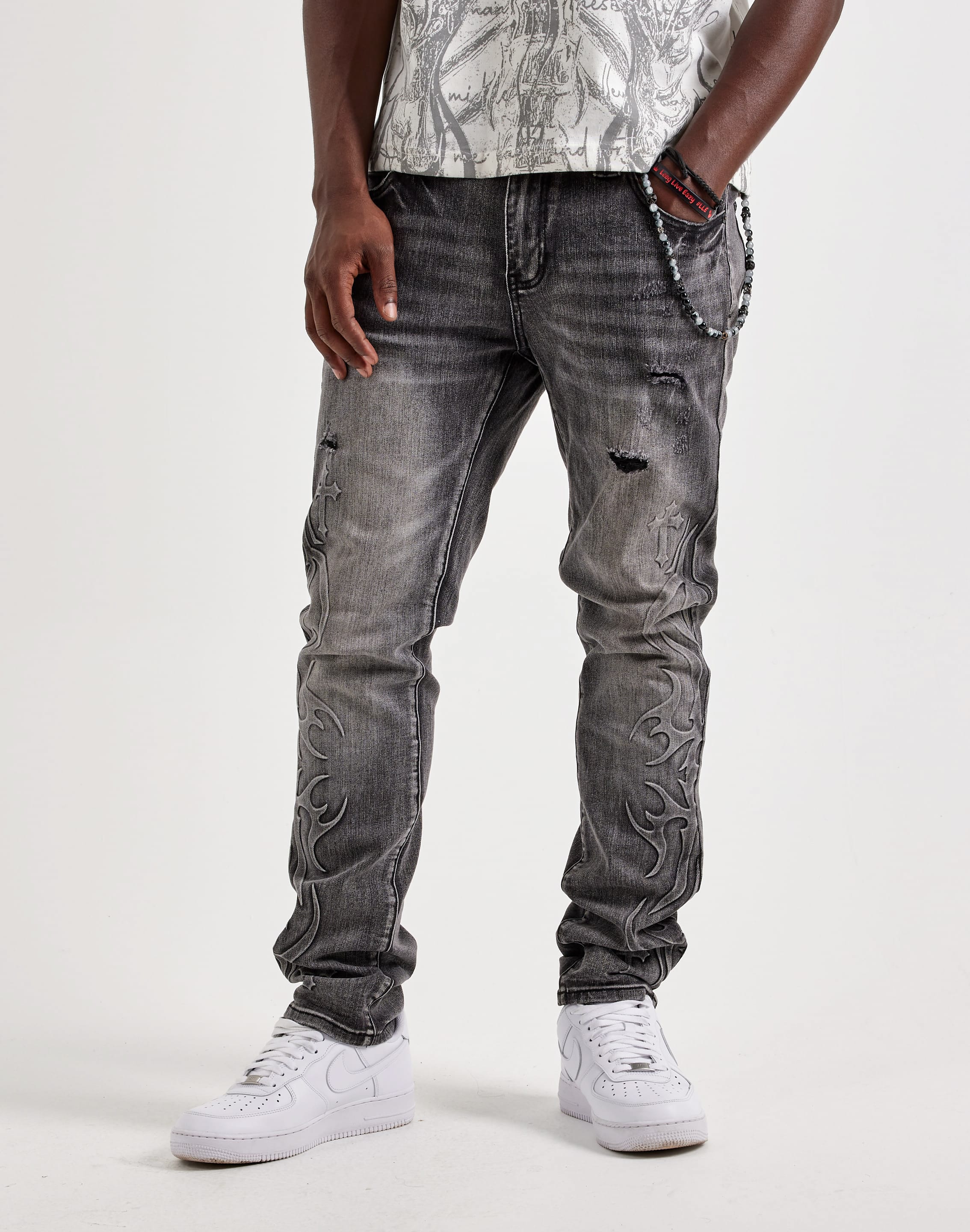 Photo of Kilogram Embossed Keychain Distressed Slim Denim Jeans