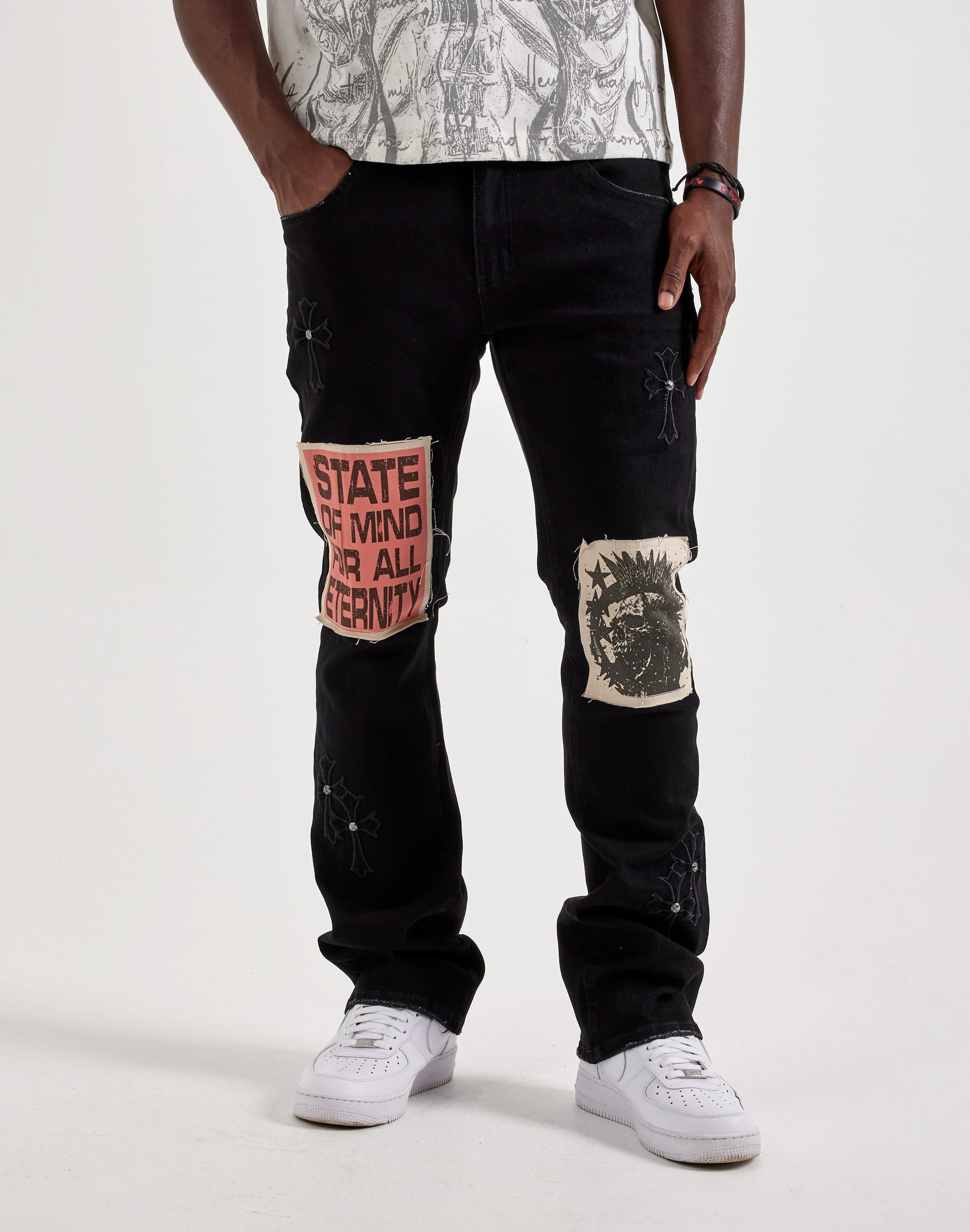 Photo of Kilogram Cross Applique Patch Flared Denim Jeans