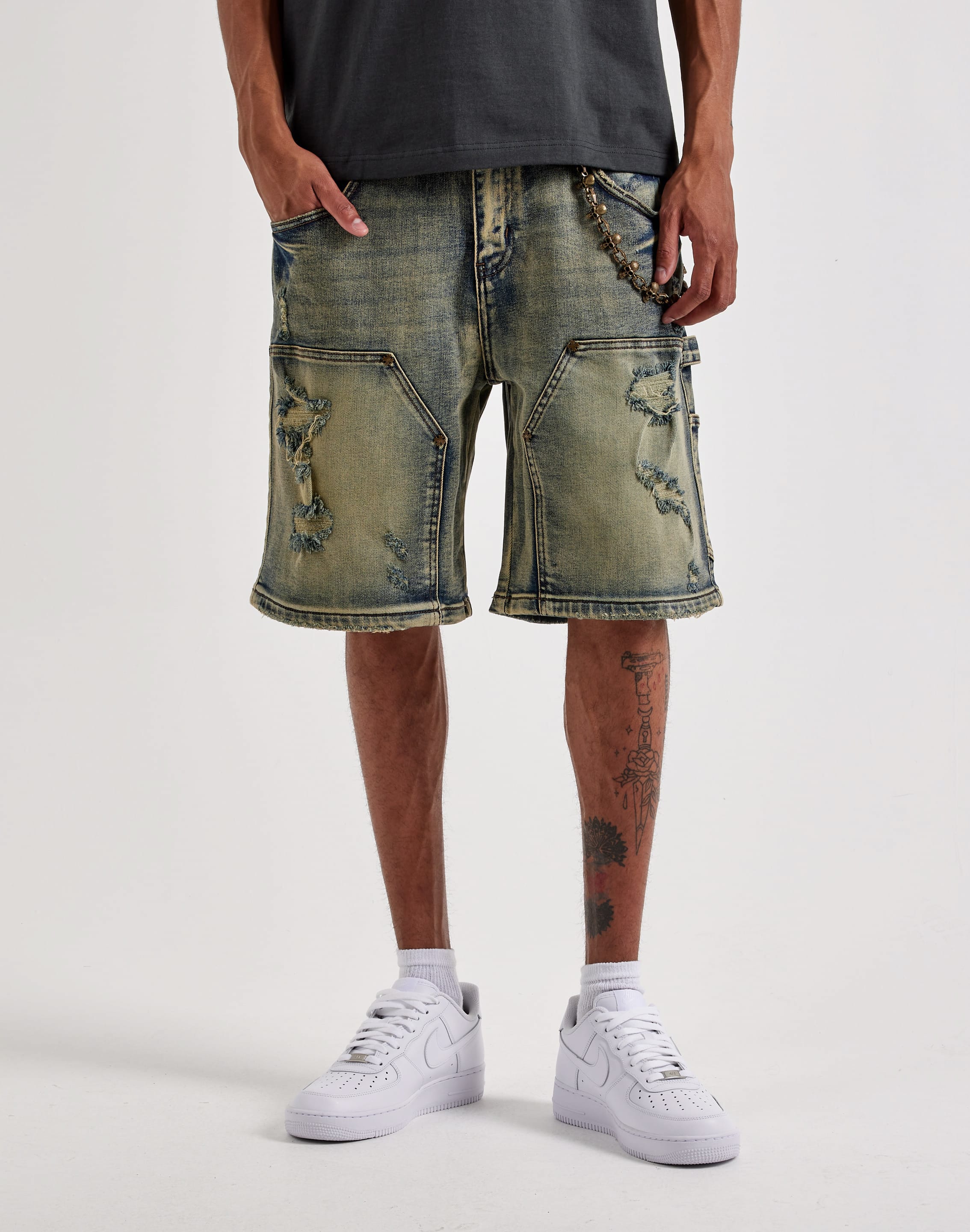 Photo of Kilogram Distressed Double-Knee Skull Chain Denim Shorts