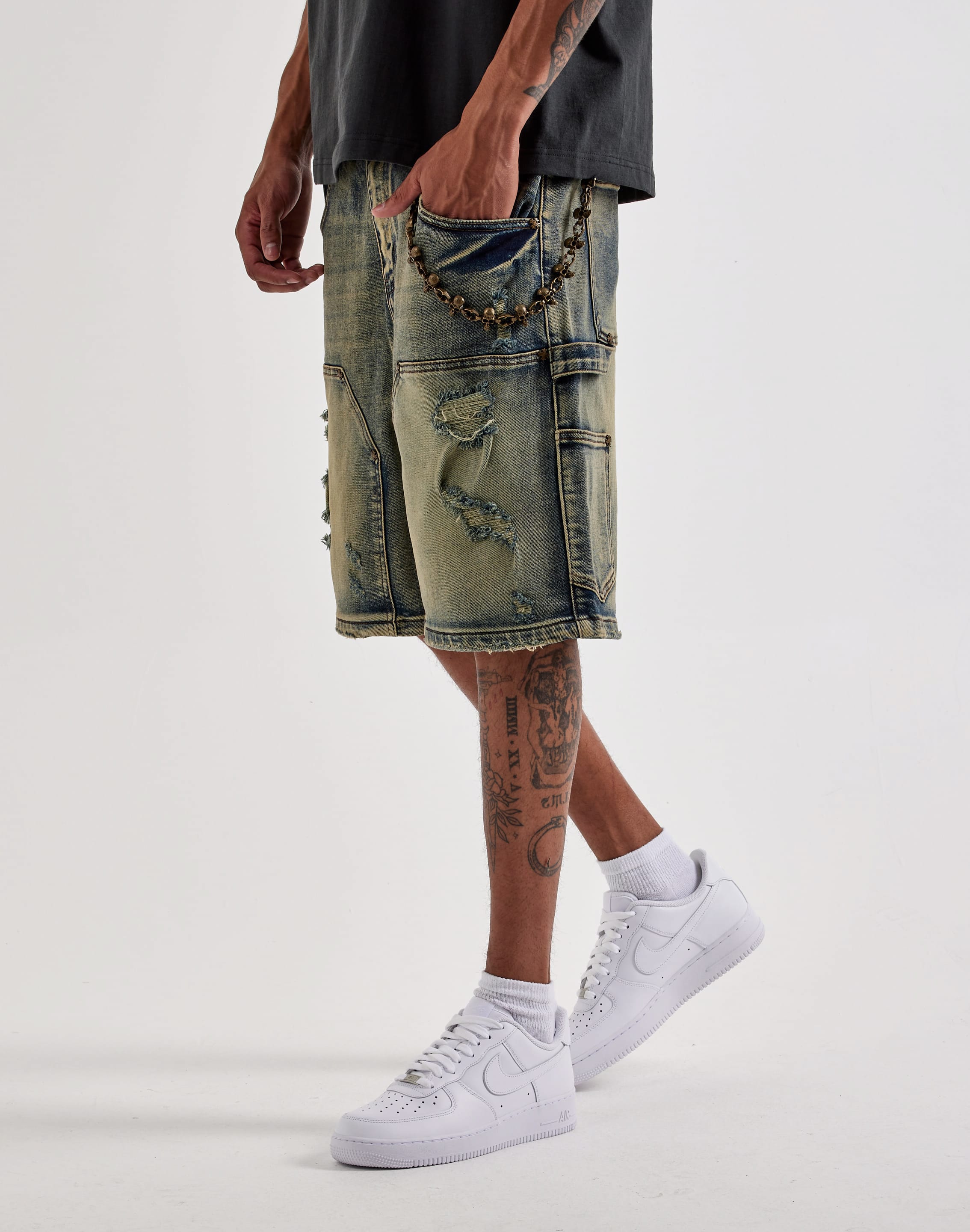Photo of Kilogram Distressed Double-Knee Skull Chain Denim Shorts