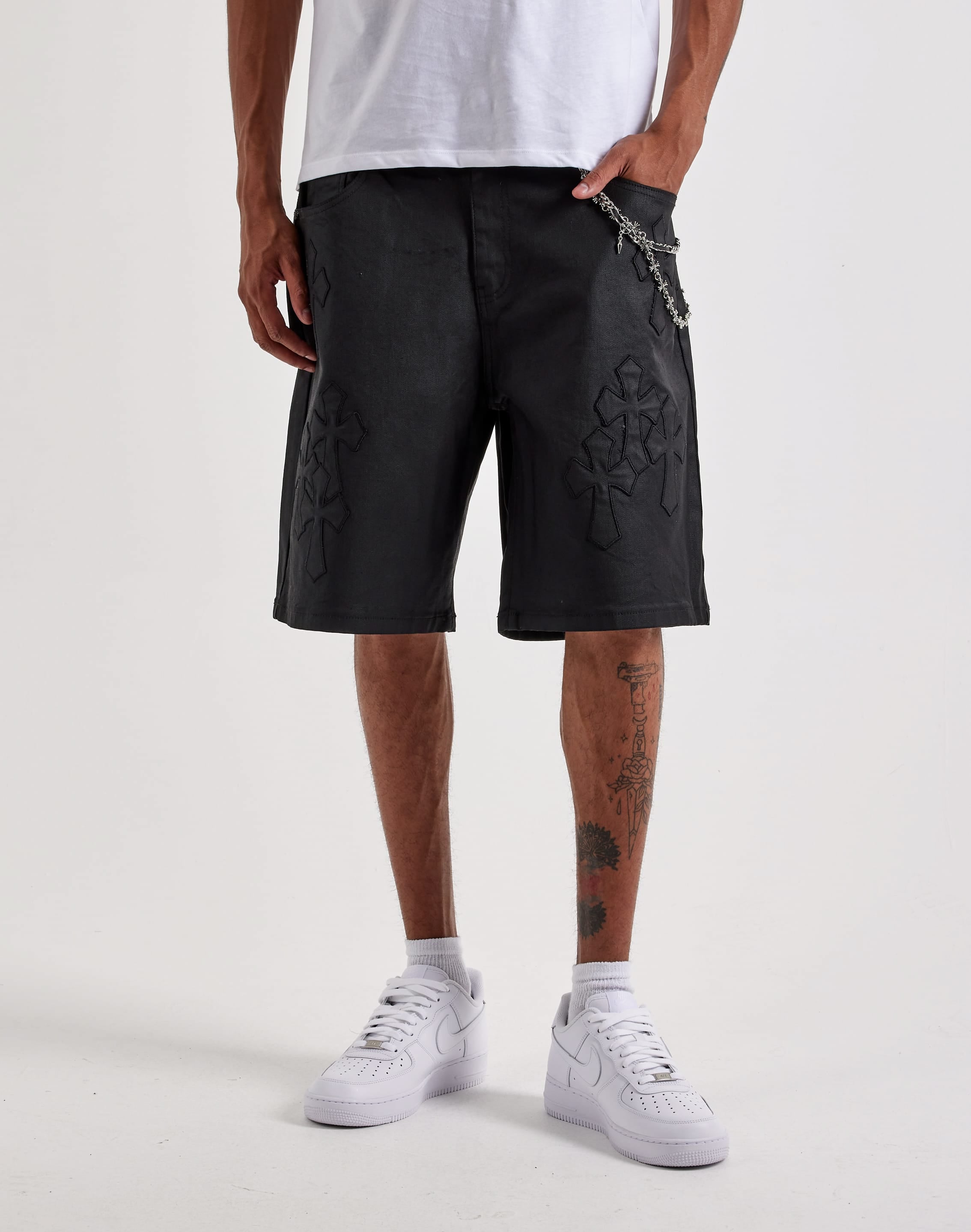 Photo of Kilogram Cross Patch Chain Waxed Denim Shorts