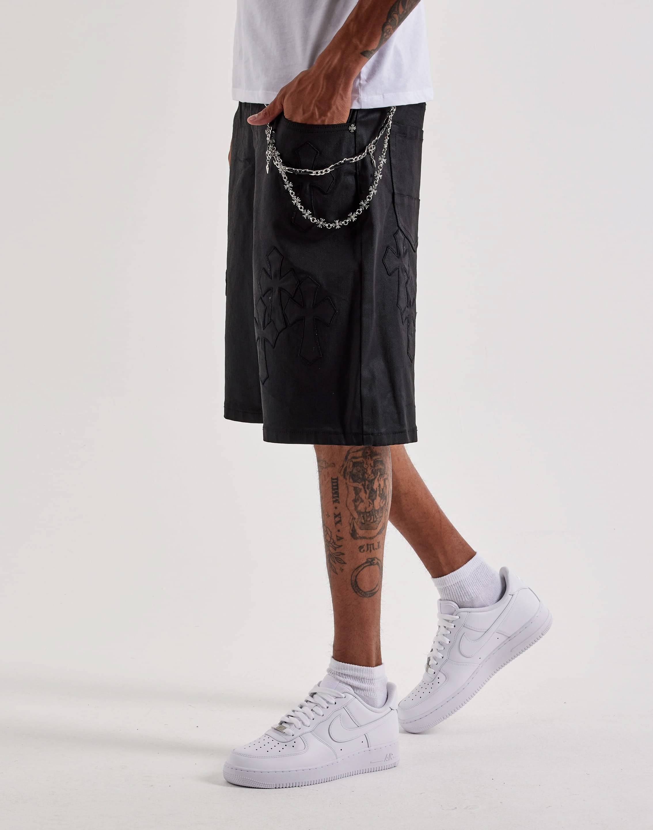 Photo of Kilogram Cross Patch Chain Waxed Denim Shorts
