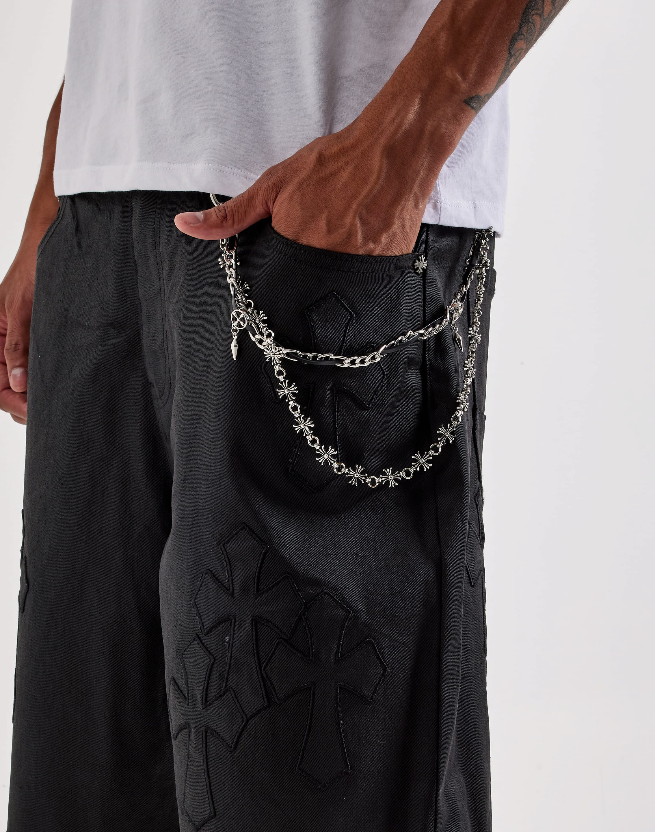 Photo of Kilogram Cross Patch Chain Waxed Denim Shorts