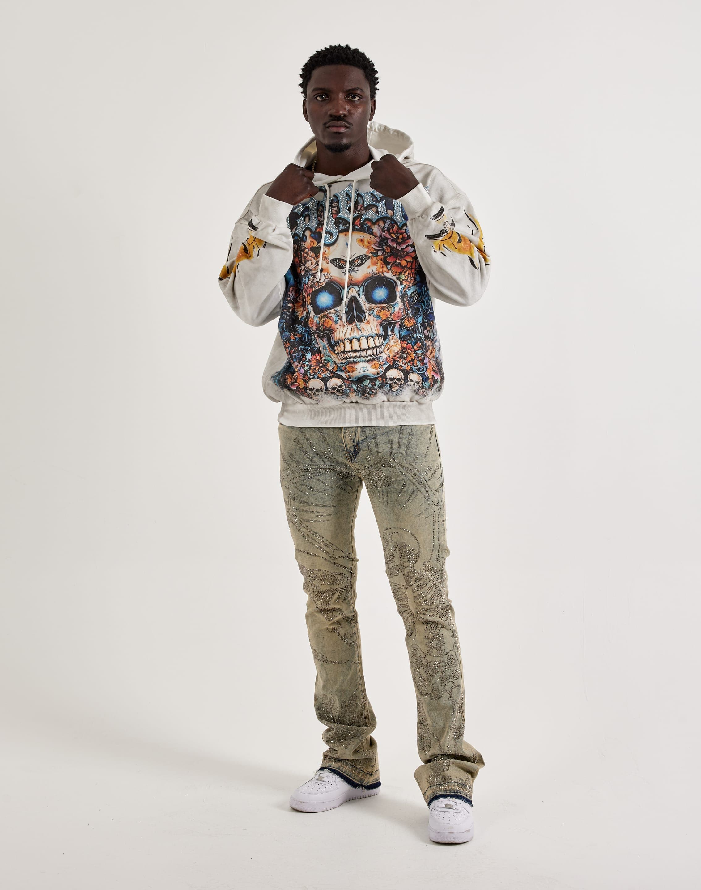 Majestik Floral Skull Rhinestone Fleece Hoodie