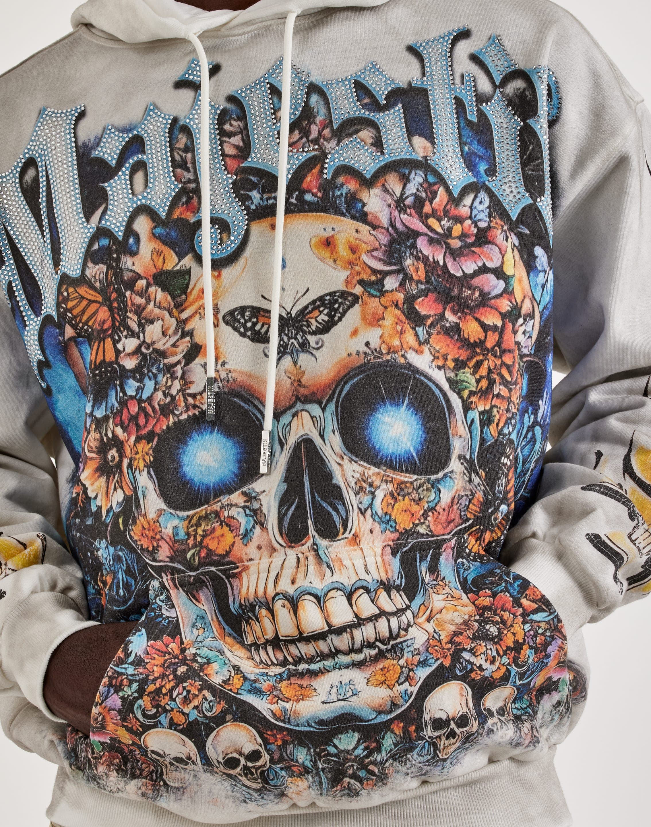 Majestik Floral Skull Rhinestone Fleece Hoodie