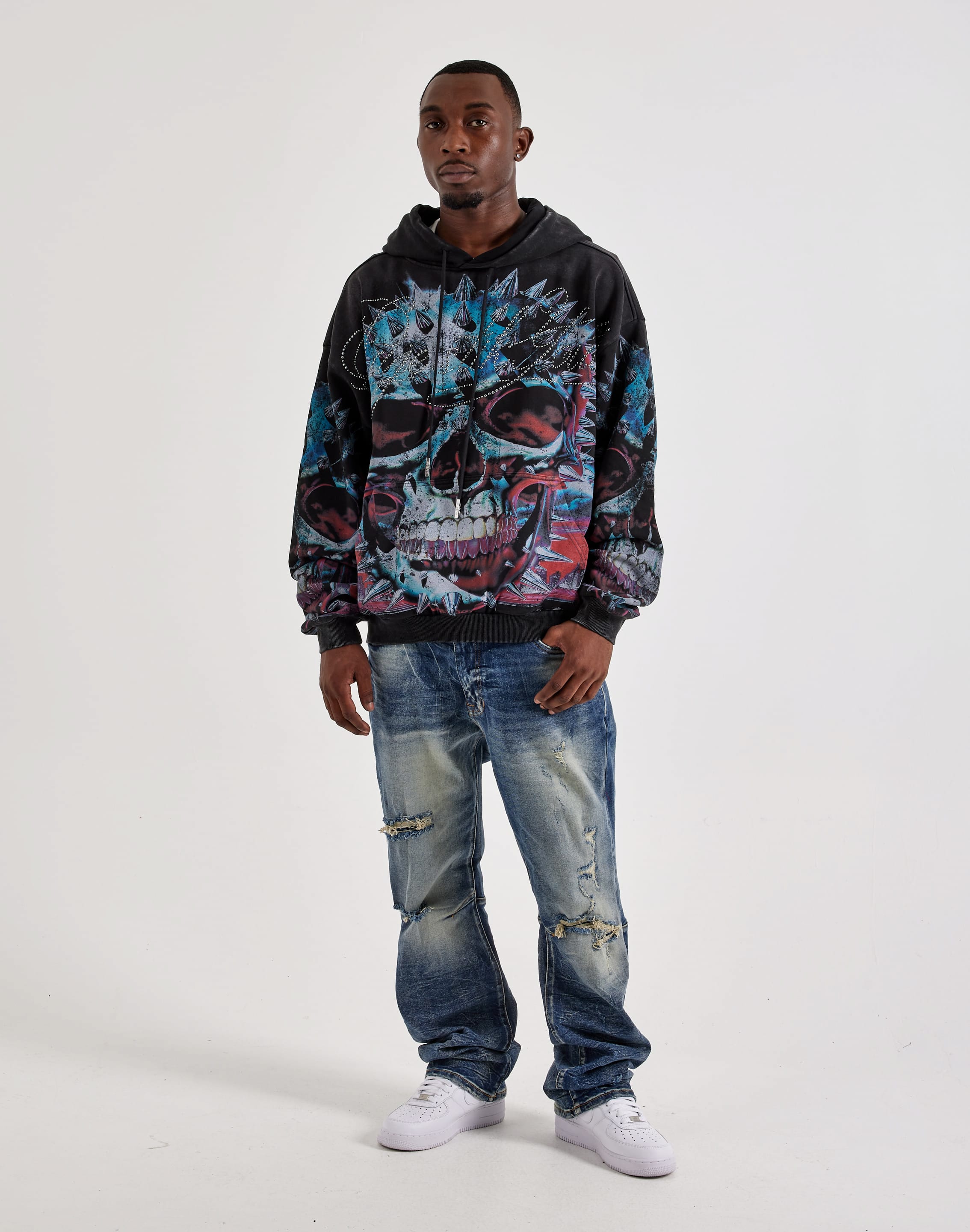 Photo of Majestik Rhinestone Skull Pullover Fleece Hoodie