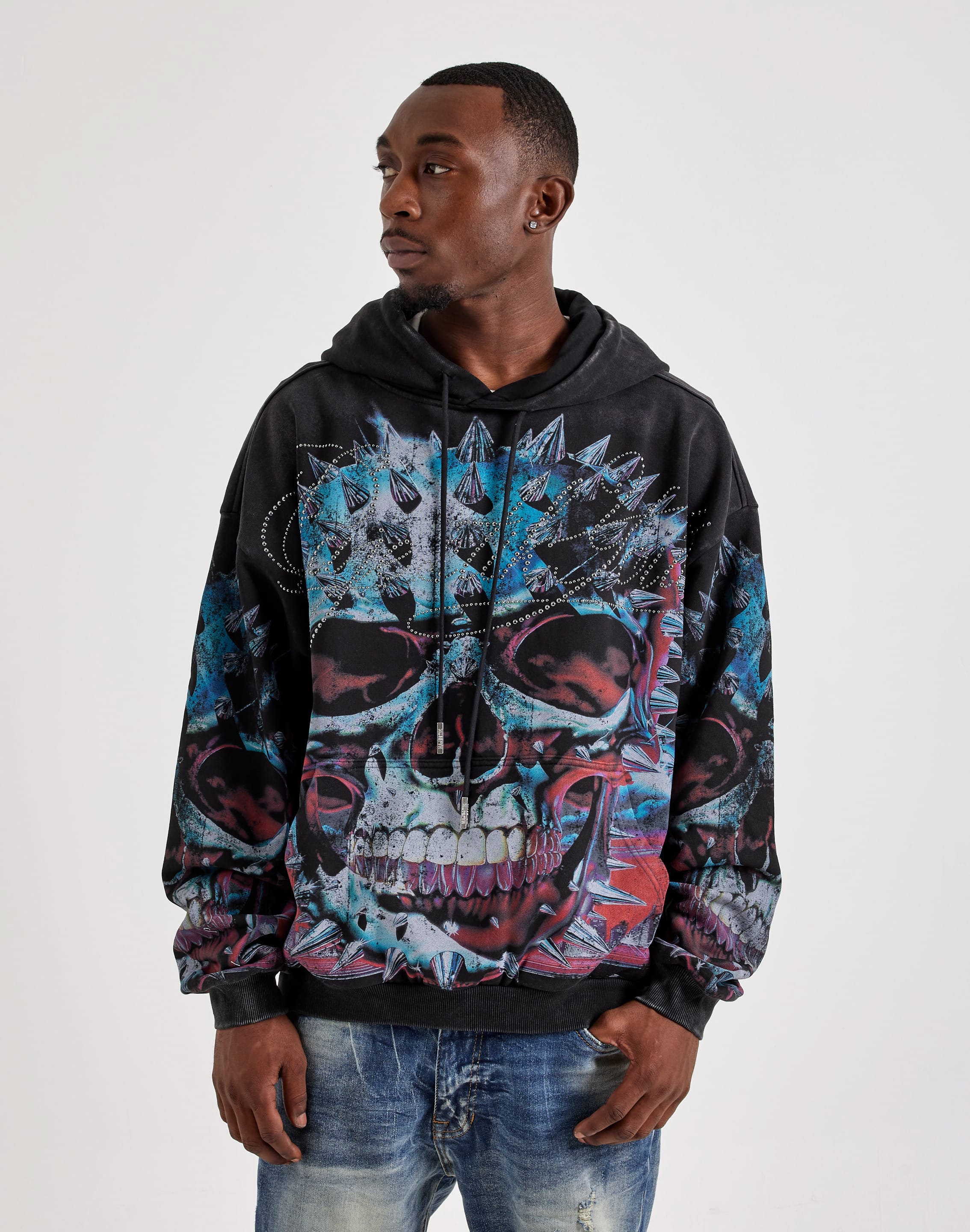 Photo of Majestik Rhinestone Skull Pullover Fleece Hoodie
