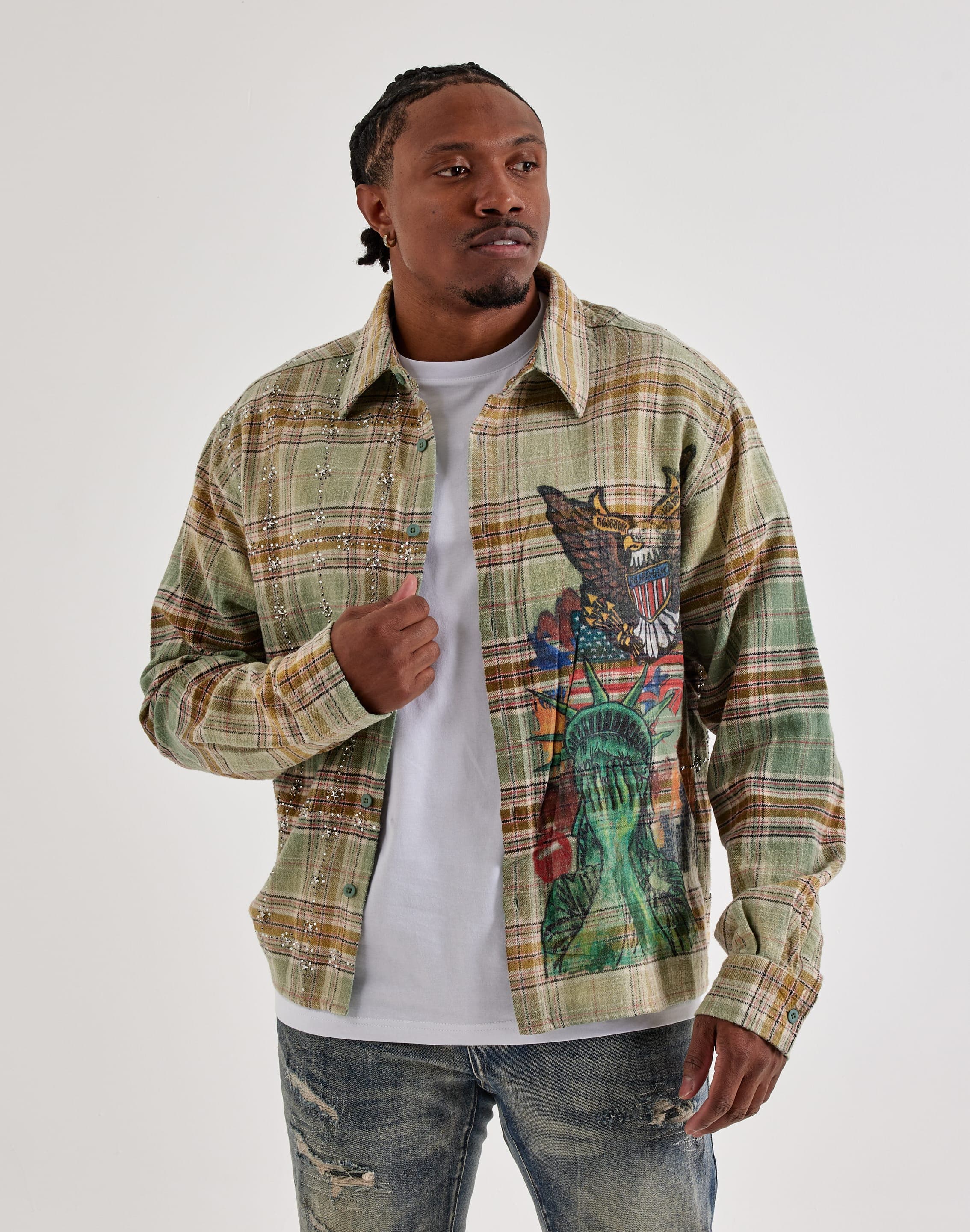 Majestik Men Majestik Eagle Allover Rhinestone Flannel Shirt Green 2xlg Majestik Men Majestik Eagle Allover Rhinestone Flannel Shirt Green 2xlg