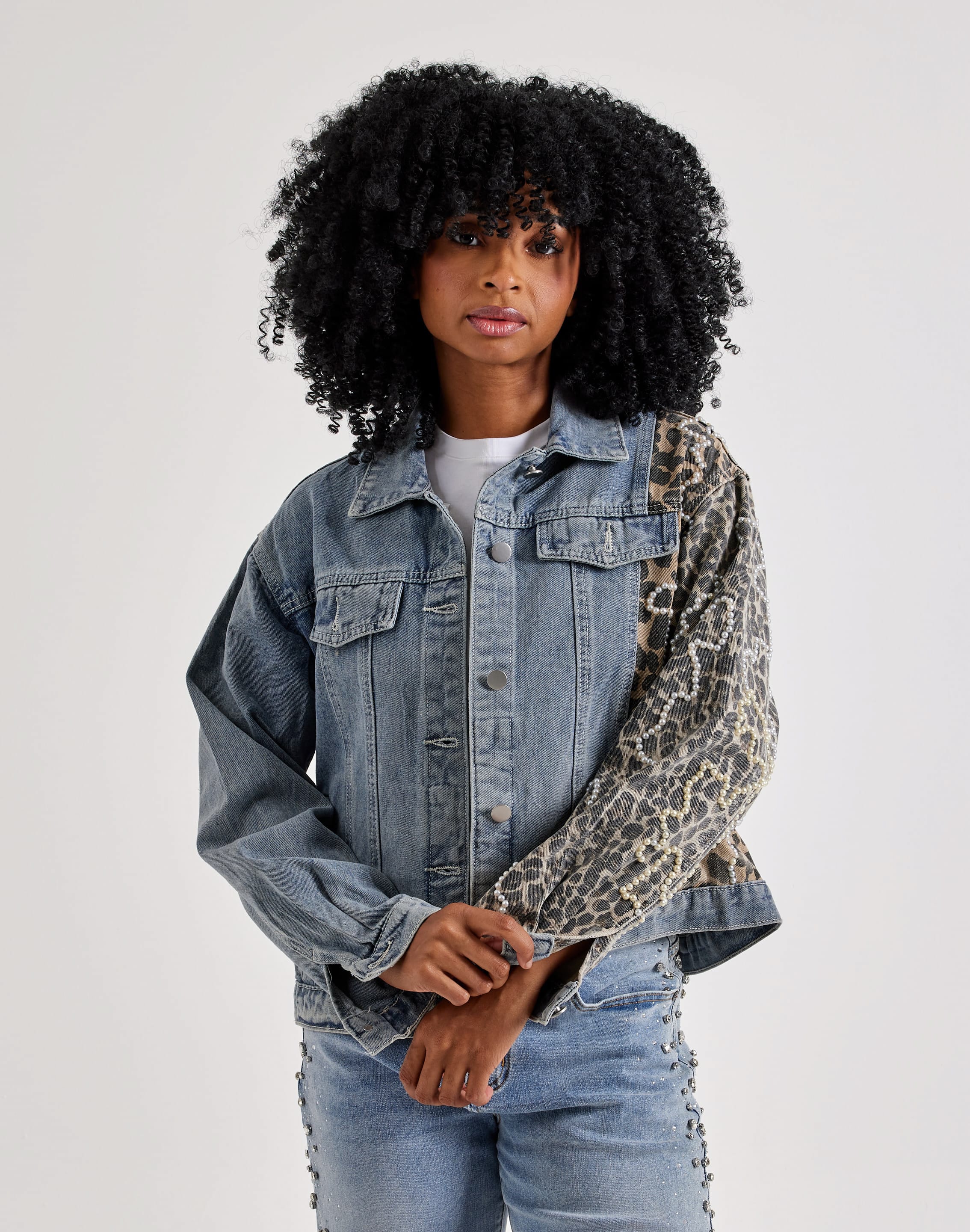 Photo of Kosturakis Crafts Cheetah & Pearls Denim Jacket