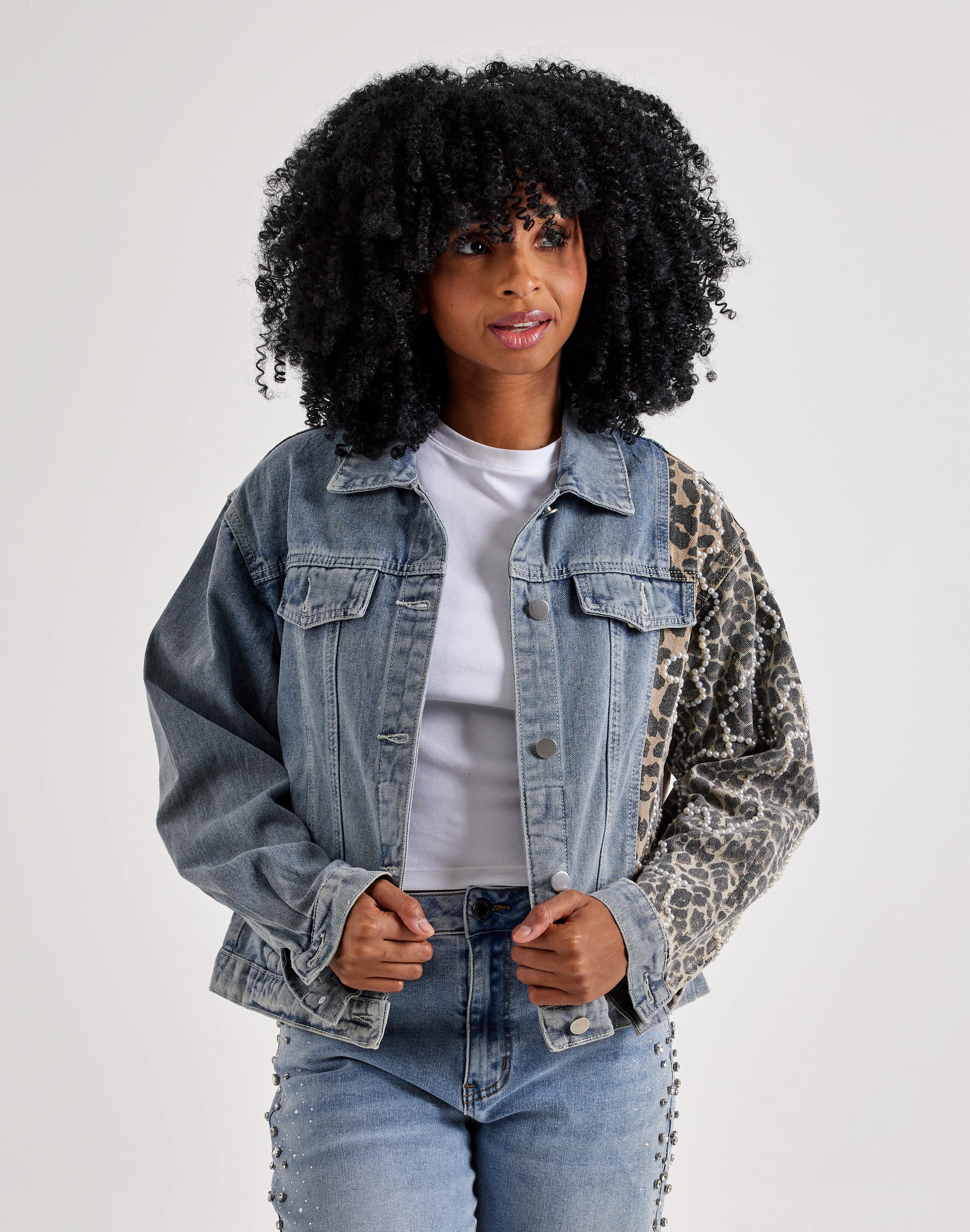 Photo of Kosturakis Crafts Cheetah & Pearls Denim Jacket