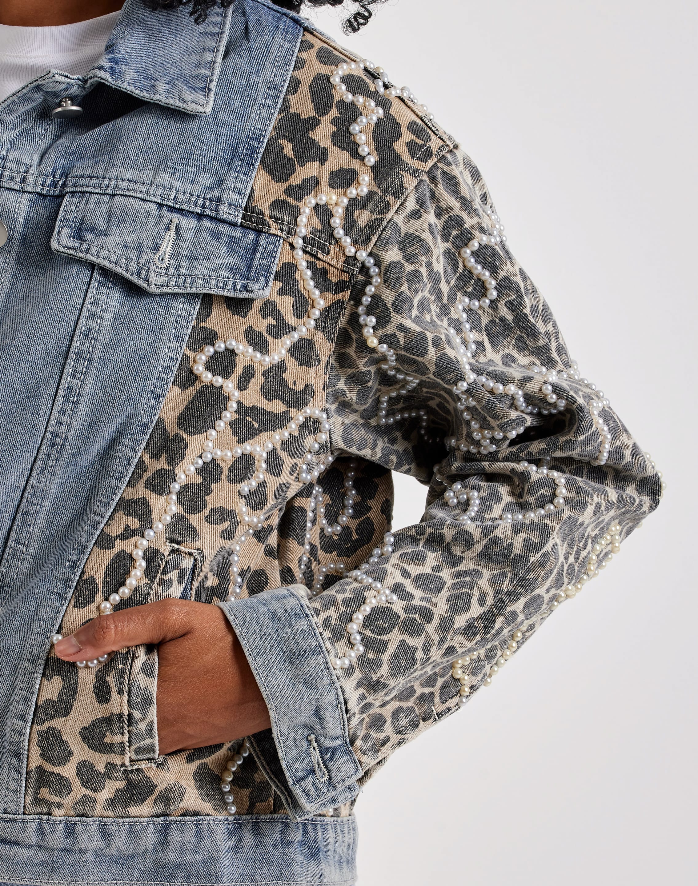 Photo of Kosturakis Crafts Cheetah & Pearls Denim Jacket