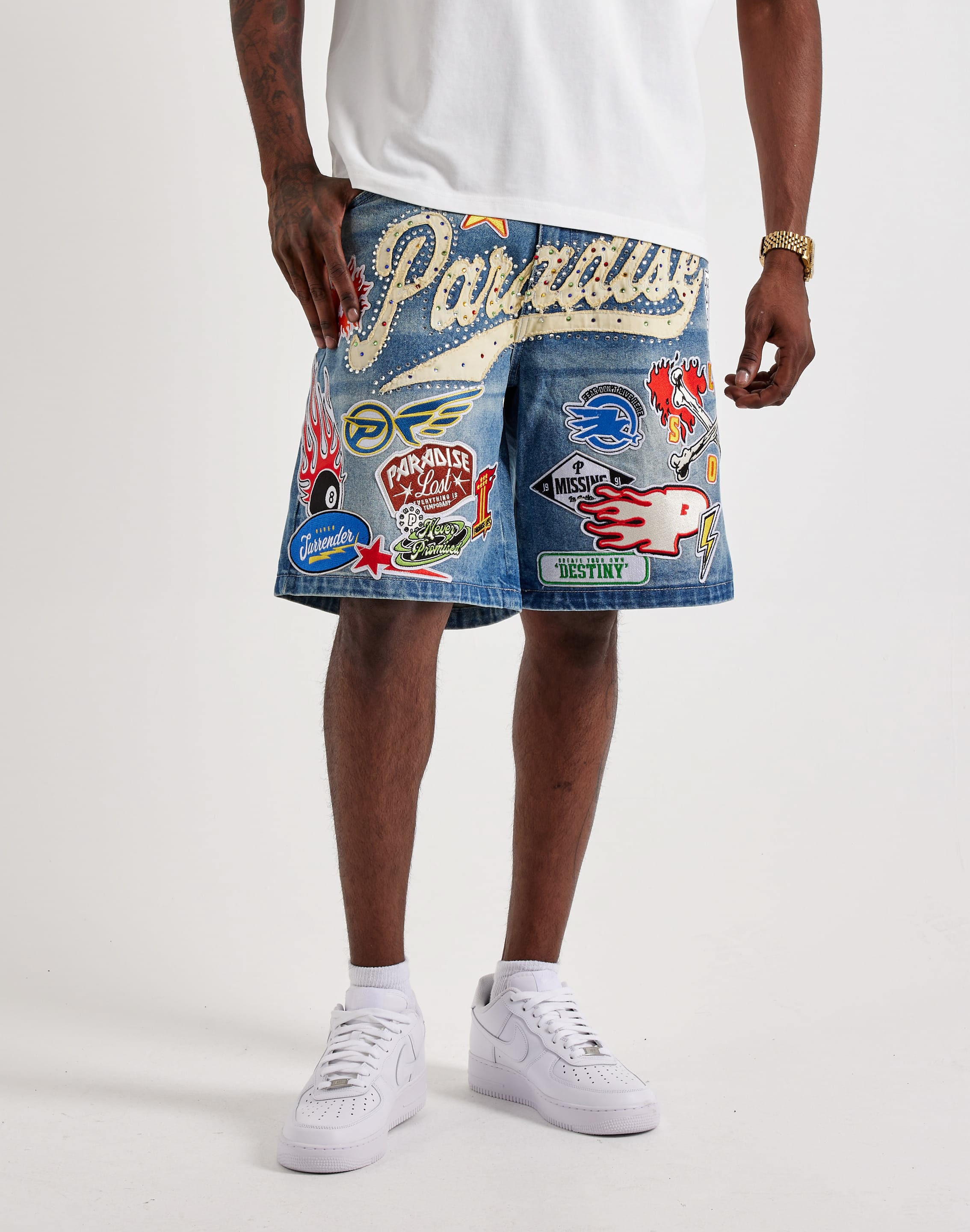 Photo of Paradise Lost Allover Patches Denim Shorts
