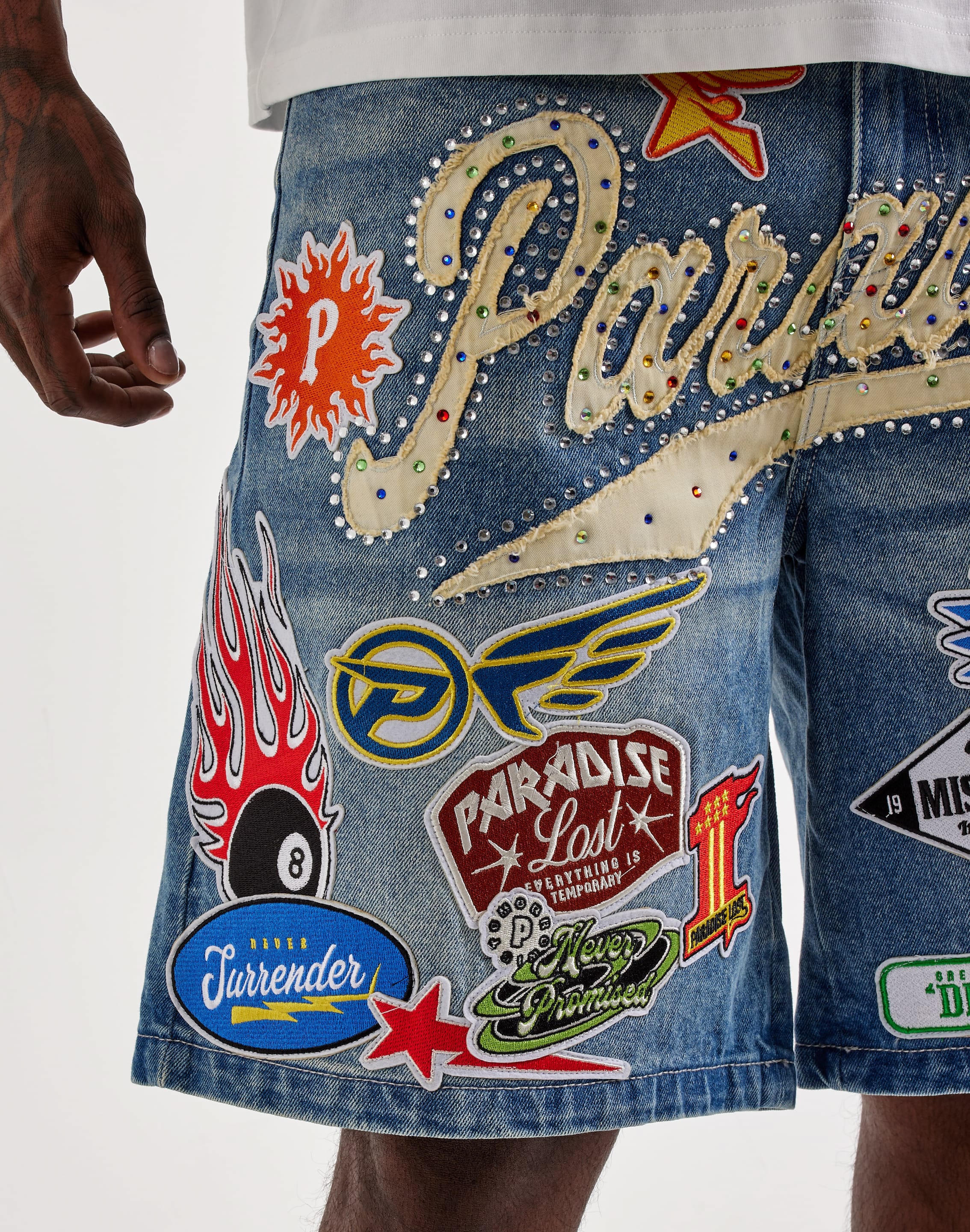 Photo of Paradise Lost Allover Patches Denim Shorts