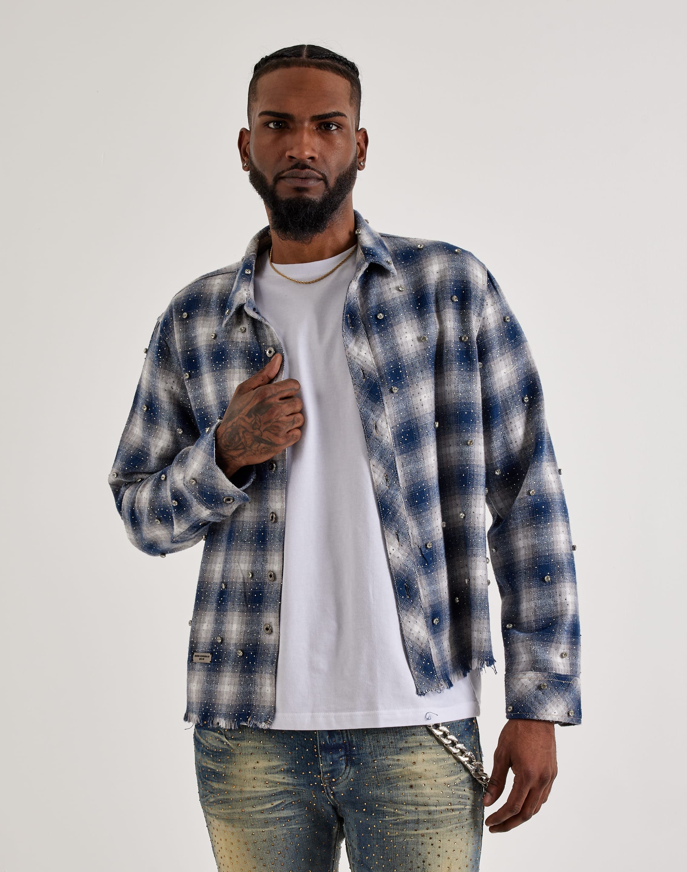 mens Preme Studded Plaid Woven Shirt mens Preme Studded Plaid Woven Shirt