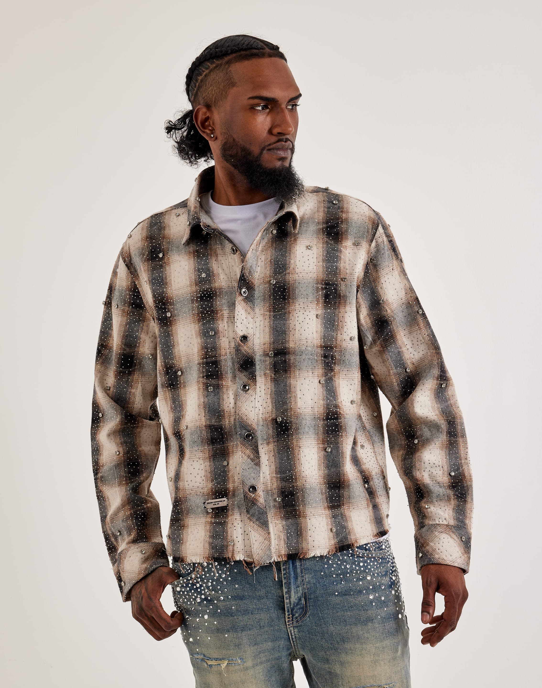 Preme Men Preme Studded Plaid Woven Shirt Tan Med Preme Men Preme Studded Plaid Woven Shirt Tan Med