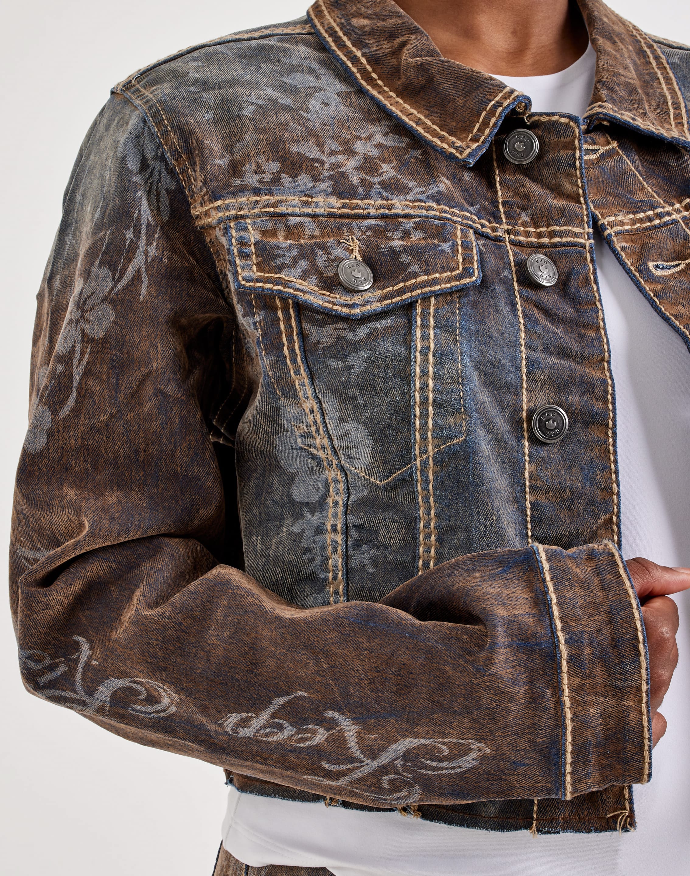 Photo of Smoke Rise Laser Print Flocked Denim Jacket
