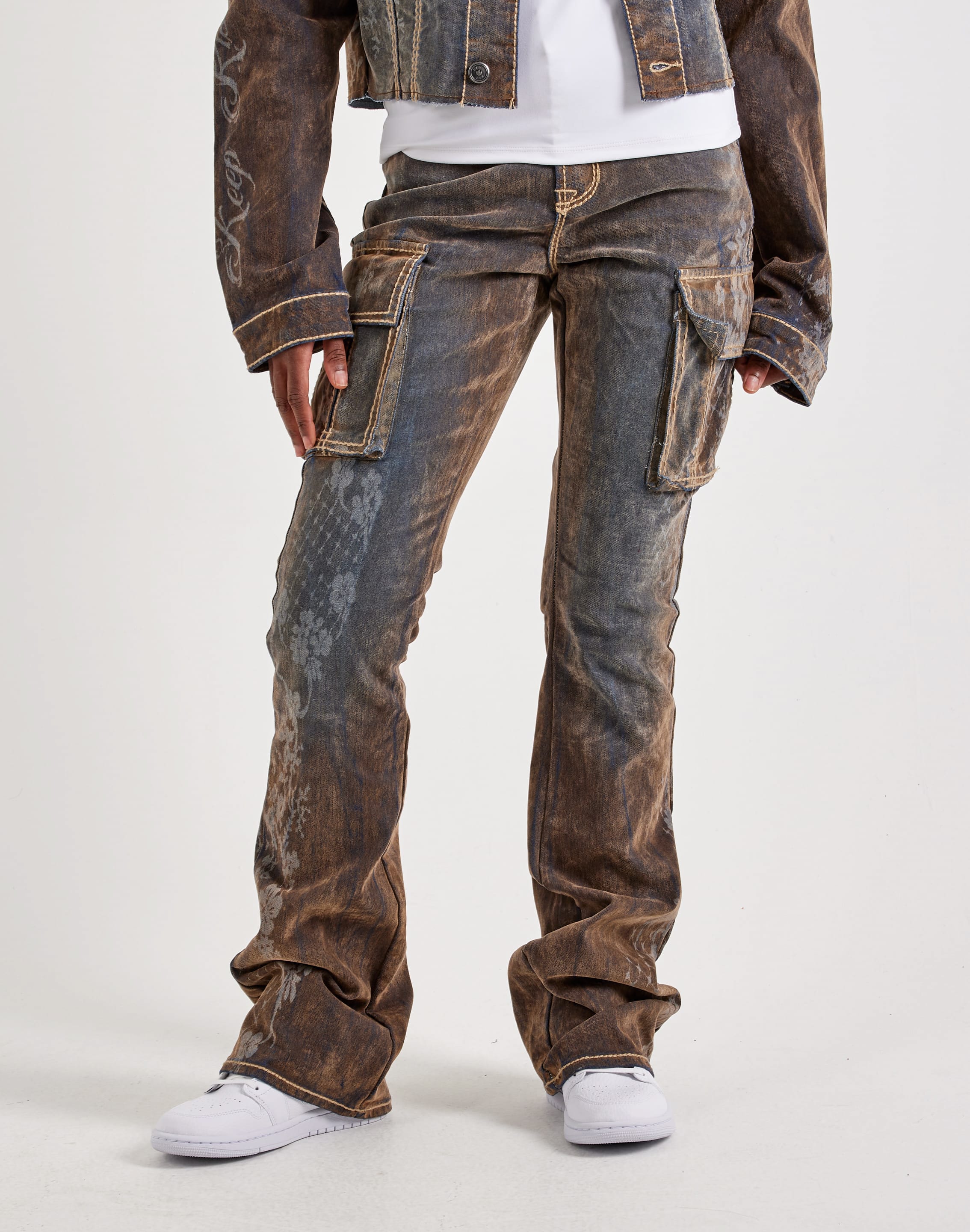 Photo of Smoke Rise Laser Print Flocked Denim Cargo Jeans
