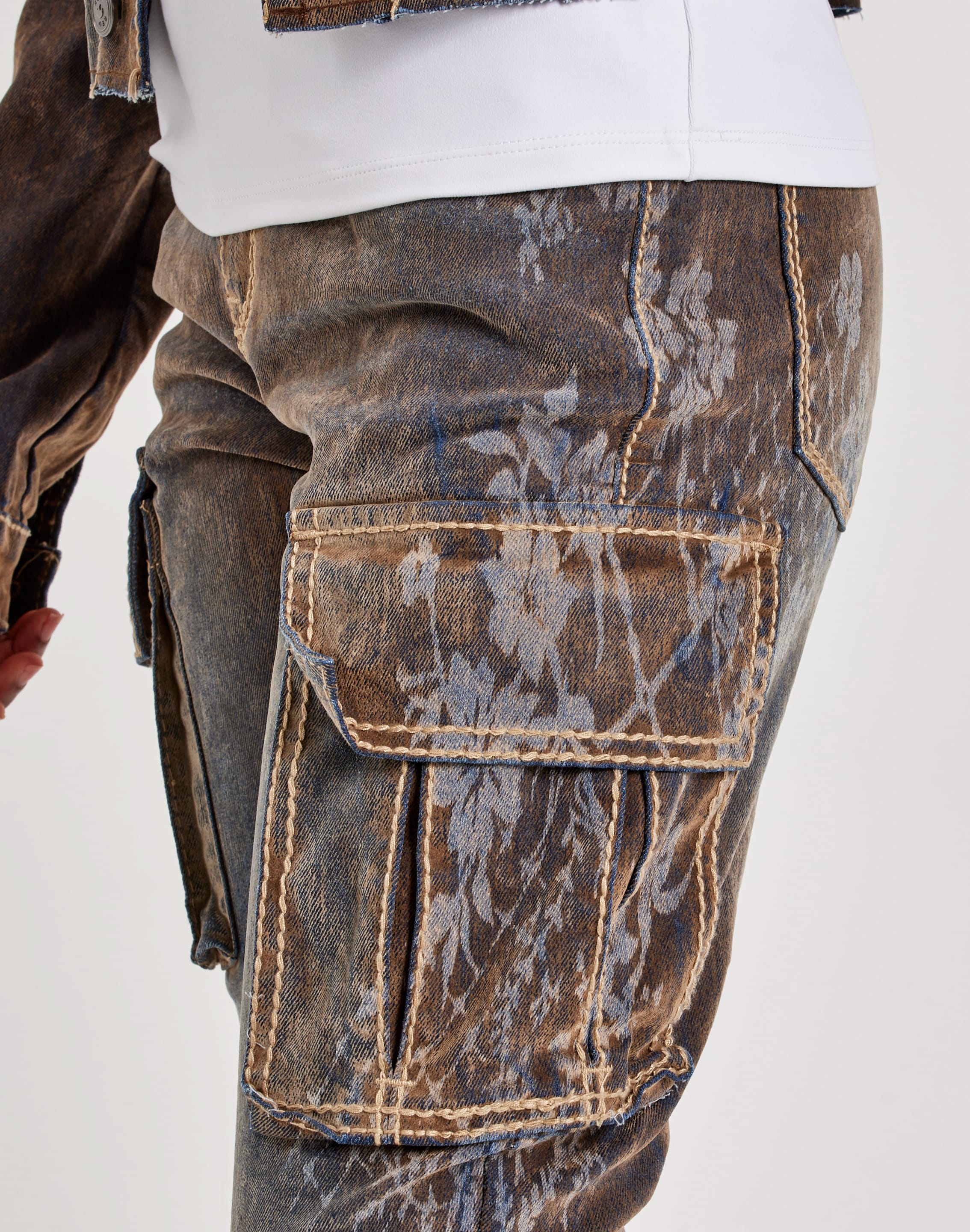 Photo of Smoke Rise Laser Print Flocked Denim Cargo Jeans