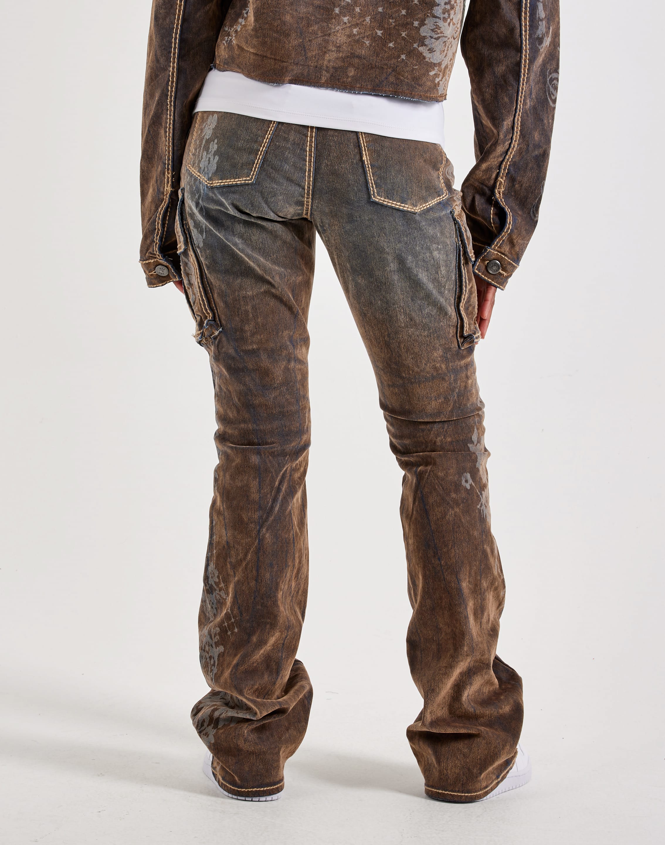 Photo of Smoke Rise Laser Print Flocked Denim Cargo Jeans