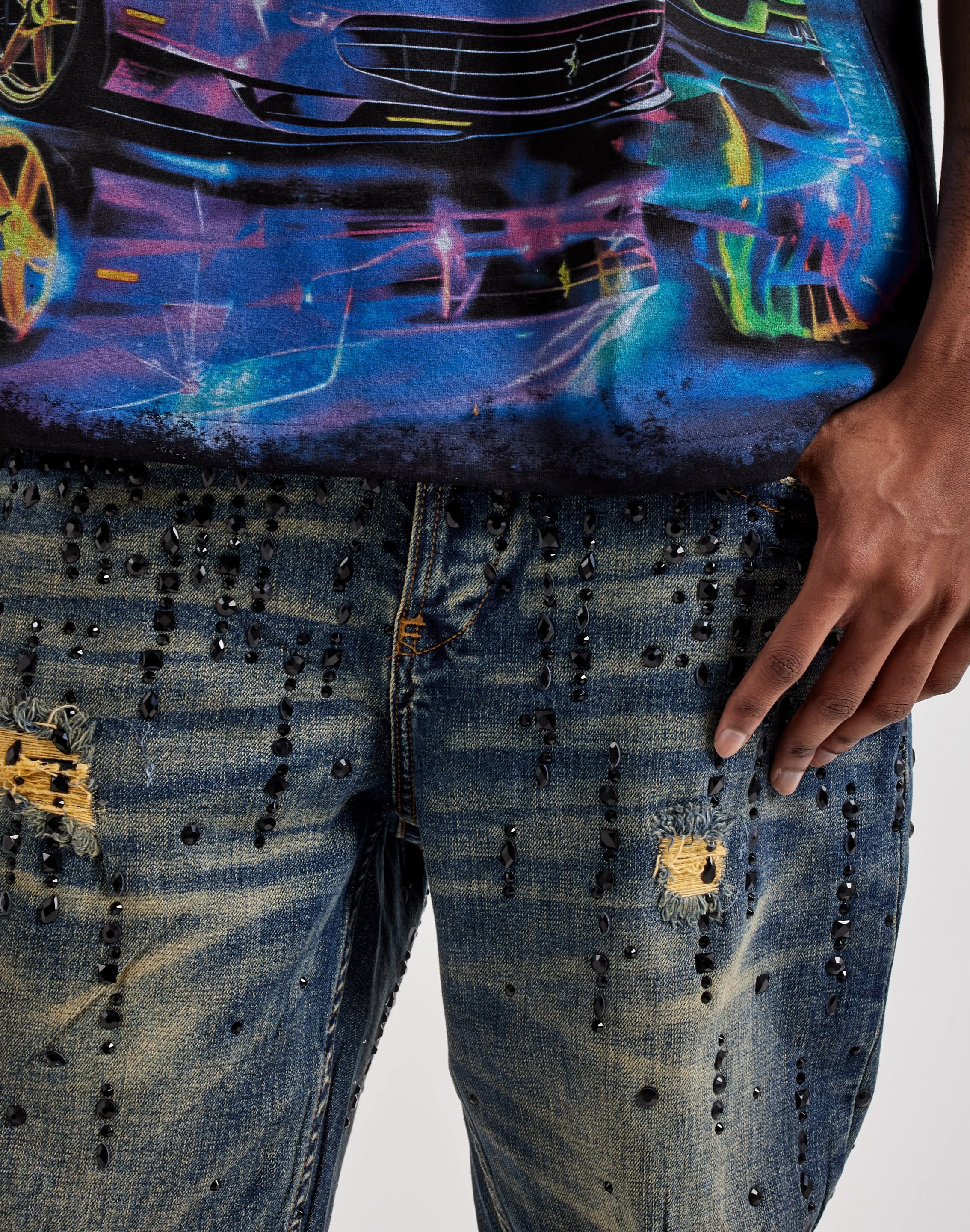 Photo of Smuggler's Moon Rhinestone Slim Distressed Denim Jeans