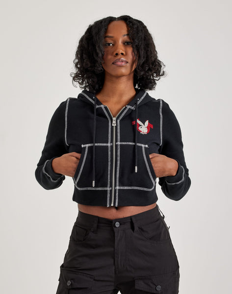 Petit sweat à capuche zippé crop noir Playboy neuf