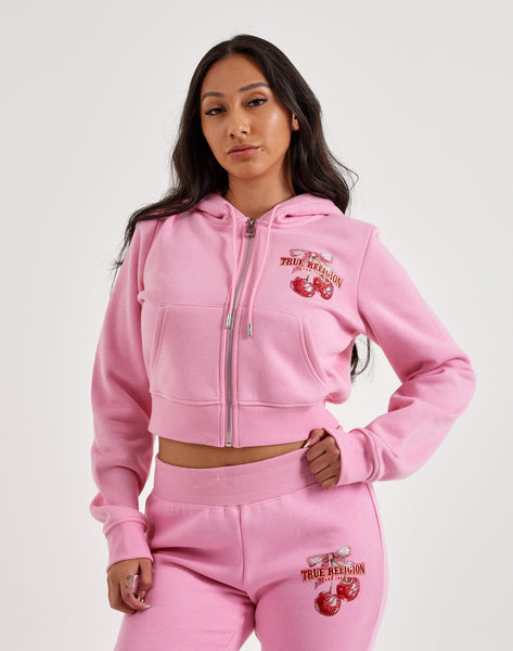 TRUE RELIGIONピンクステッチ美品 True Religion Crystal Wing Rosebud Crop Zip Hoodie | Zumiez