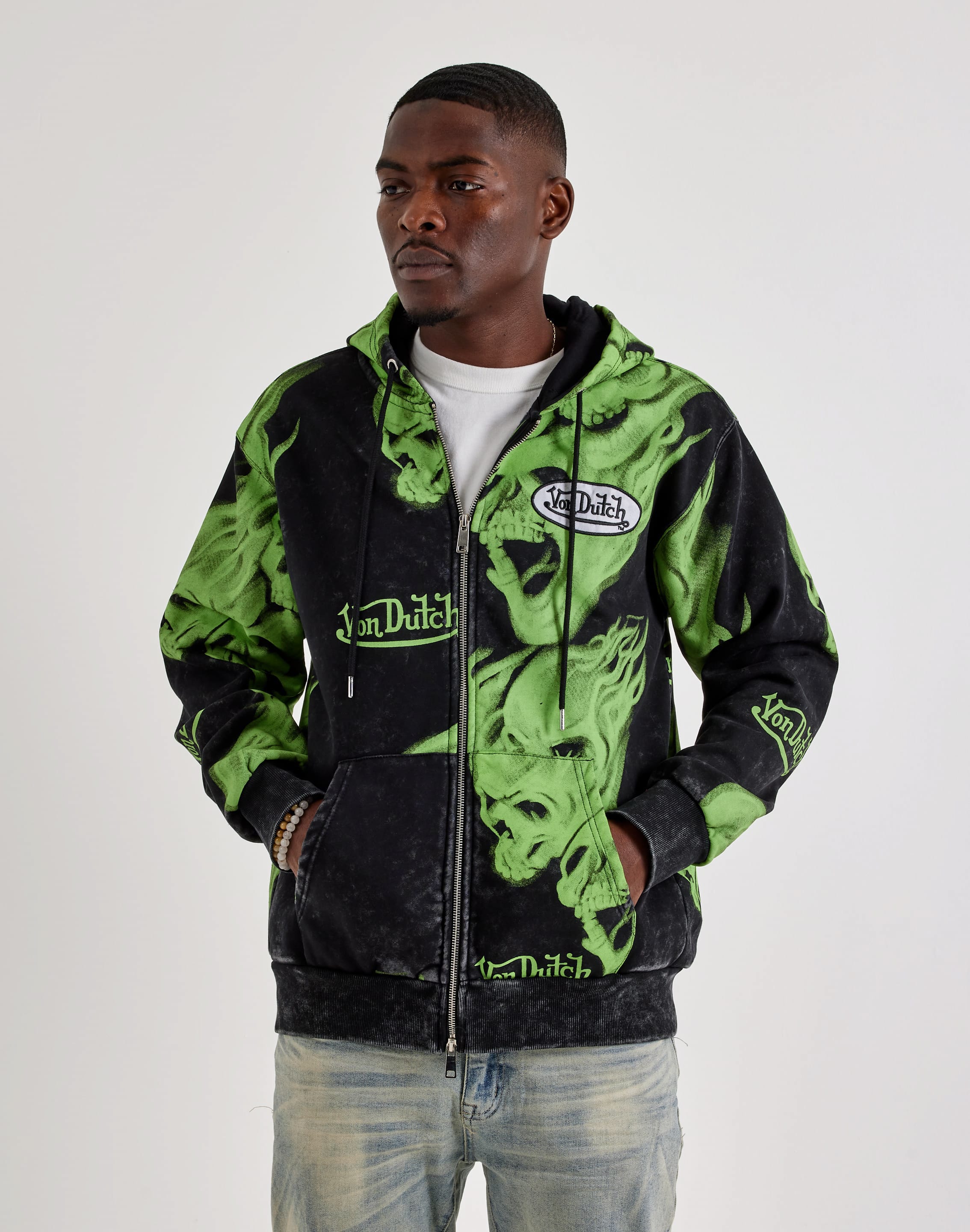 Von Dutch Ghost Flames Allover Print Full-Zip Fleece Hoodie, image 1 of 4