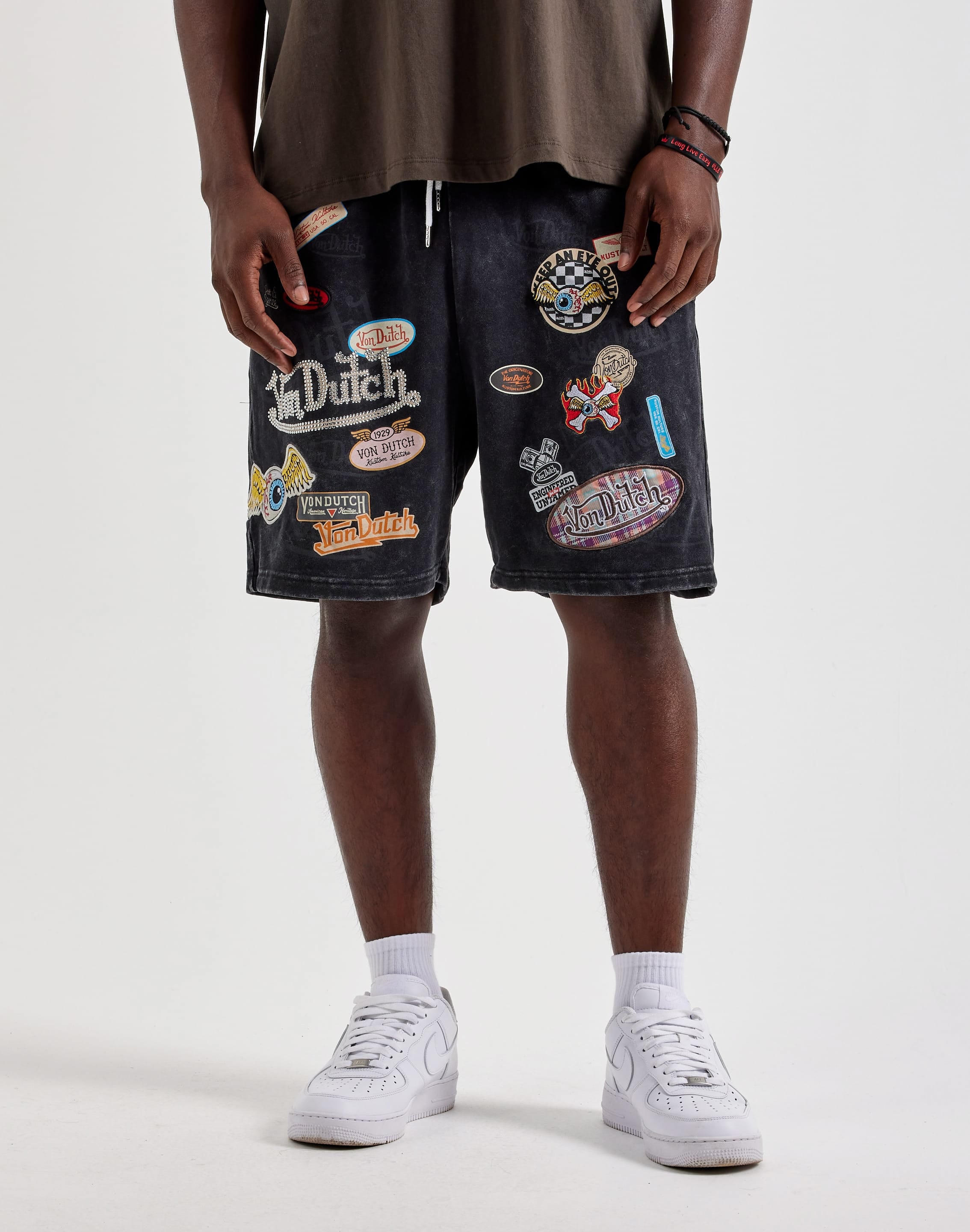Von Dutch Washed Patch Fleece Shorts, image 1 of 4