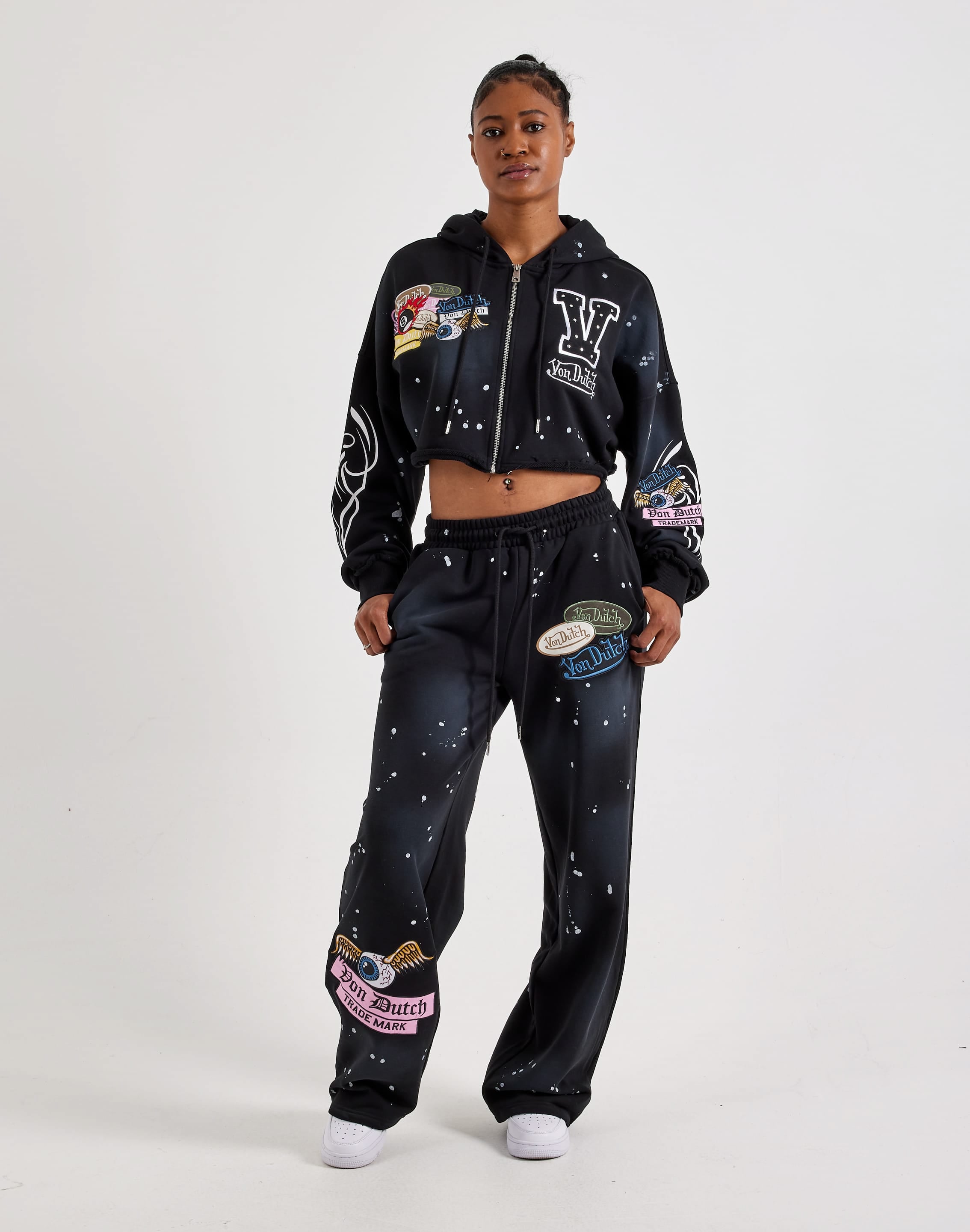Photo of Von Dutch Paint Splatter Patch Cropped Full-Zip Fleece Hoodie