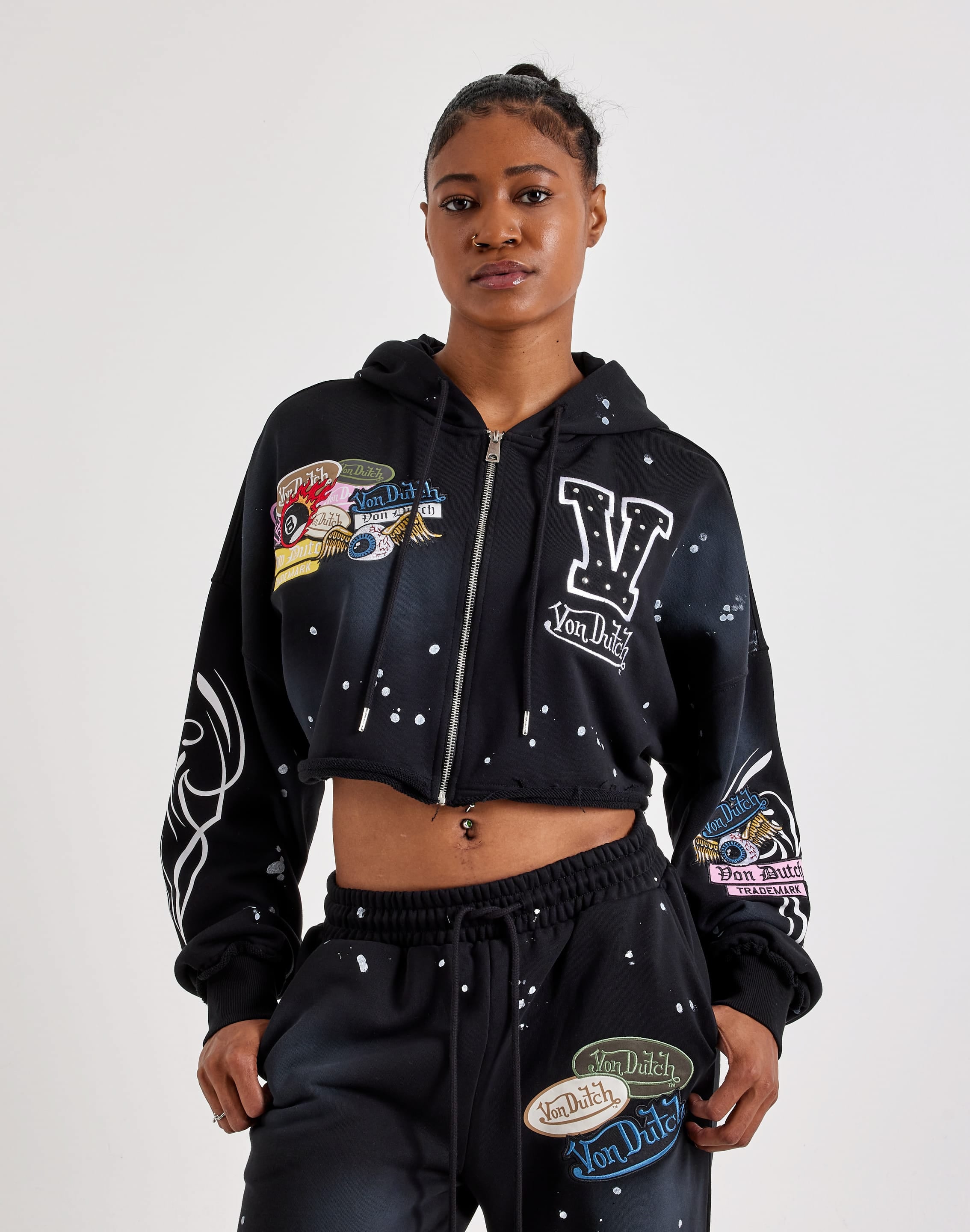 Photo of Von Dutch Paint Splatter Patch Cropped Full-Zip Fleece Hoodie